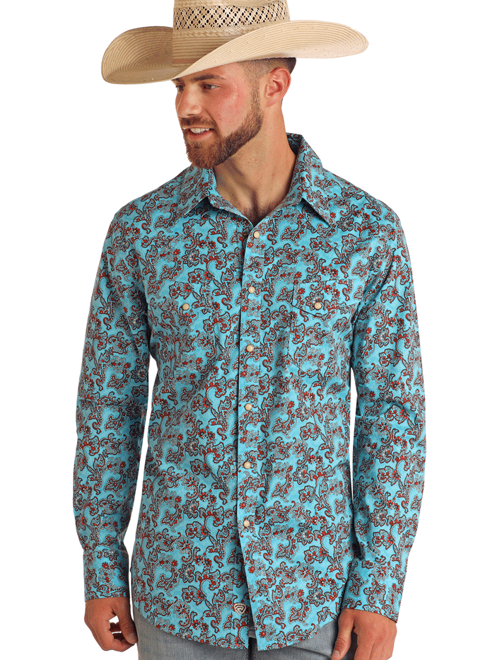 Rock & Roll Denim BMN2S05865 Men's Paisley Print Long Sleeve Snap Button Shirt Blue - Casual Wear, Music Festivals & Vintage Style Outfits