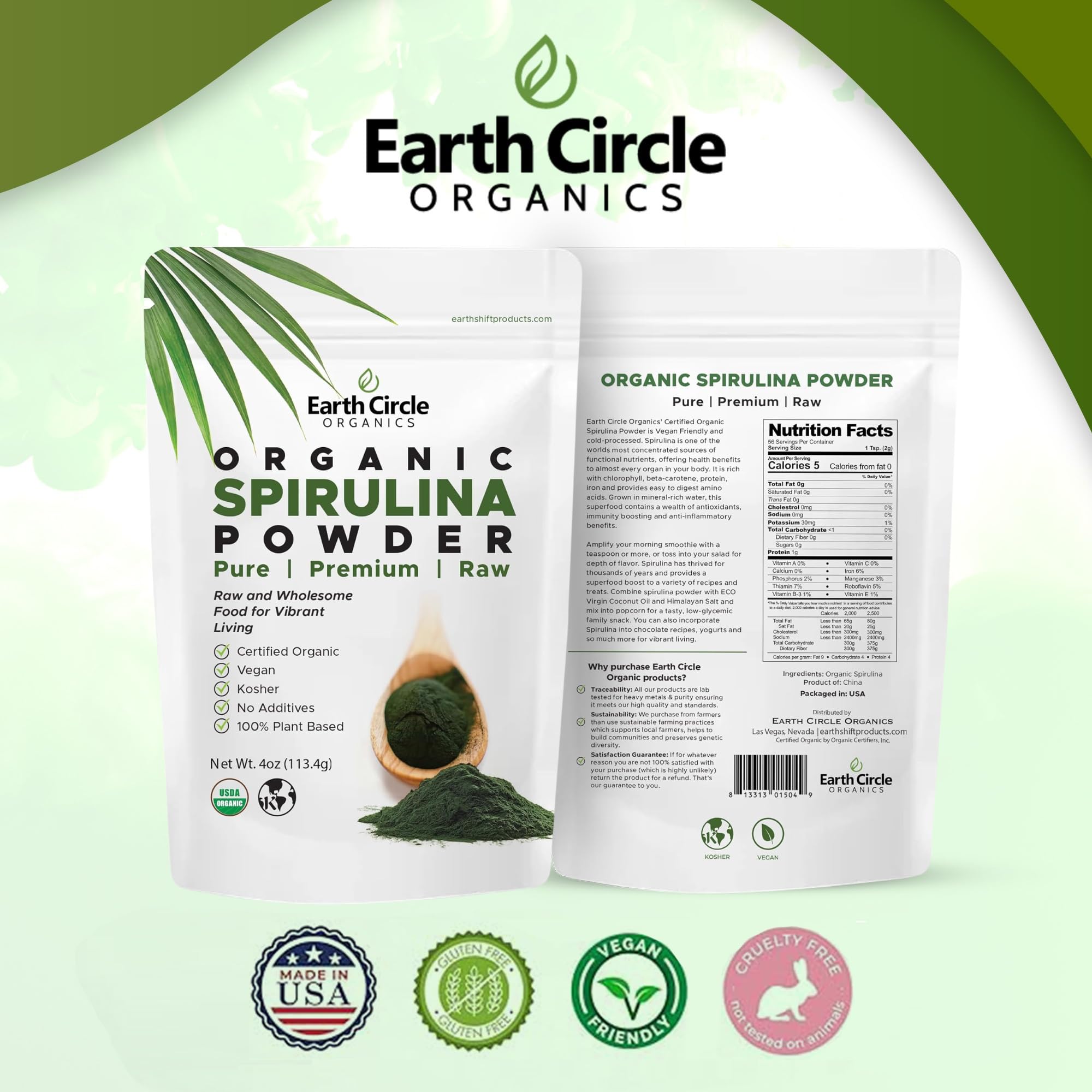 Organic Spirulina Powder - Raw, Non-Irradiated & Kosher Certified | Vegan Protein Superfood Rich in Amino Acids & Antioxidants | 4oz for Smoothies, Energy Drinks & Detox Recipes