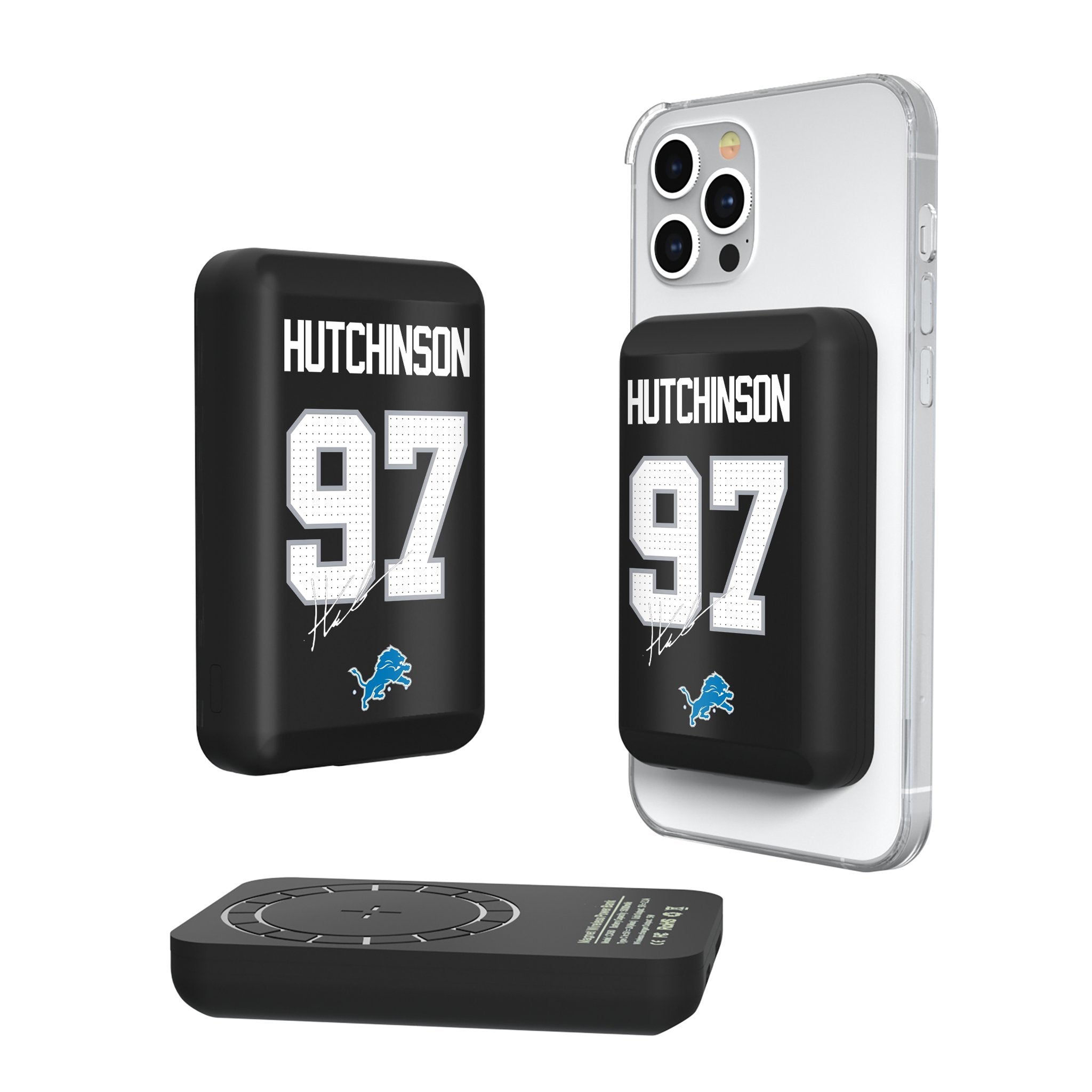 Aidan Hutchinson Detroit Lions 97 Ready Wireless Magnetic Power Bank - Portable Charger for iPhone, Samsung & AirPods - Perfect for Travel, Camping & Game Day
