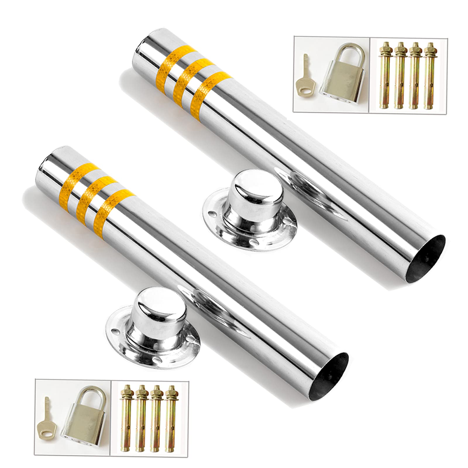 Lockable Stainless Steel Parking Barrier Posts with Reflective Tape - 76×750mm, Easy Installation for Driveway, Garage & Commercial Parking Security