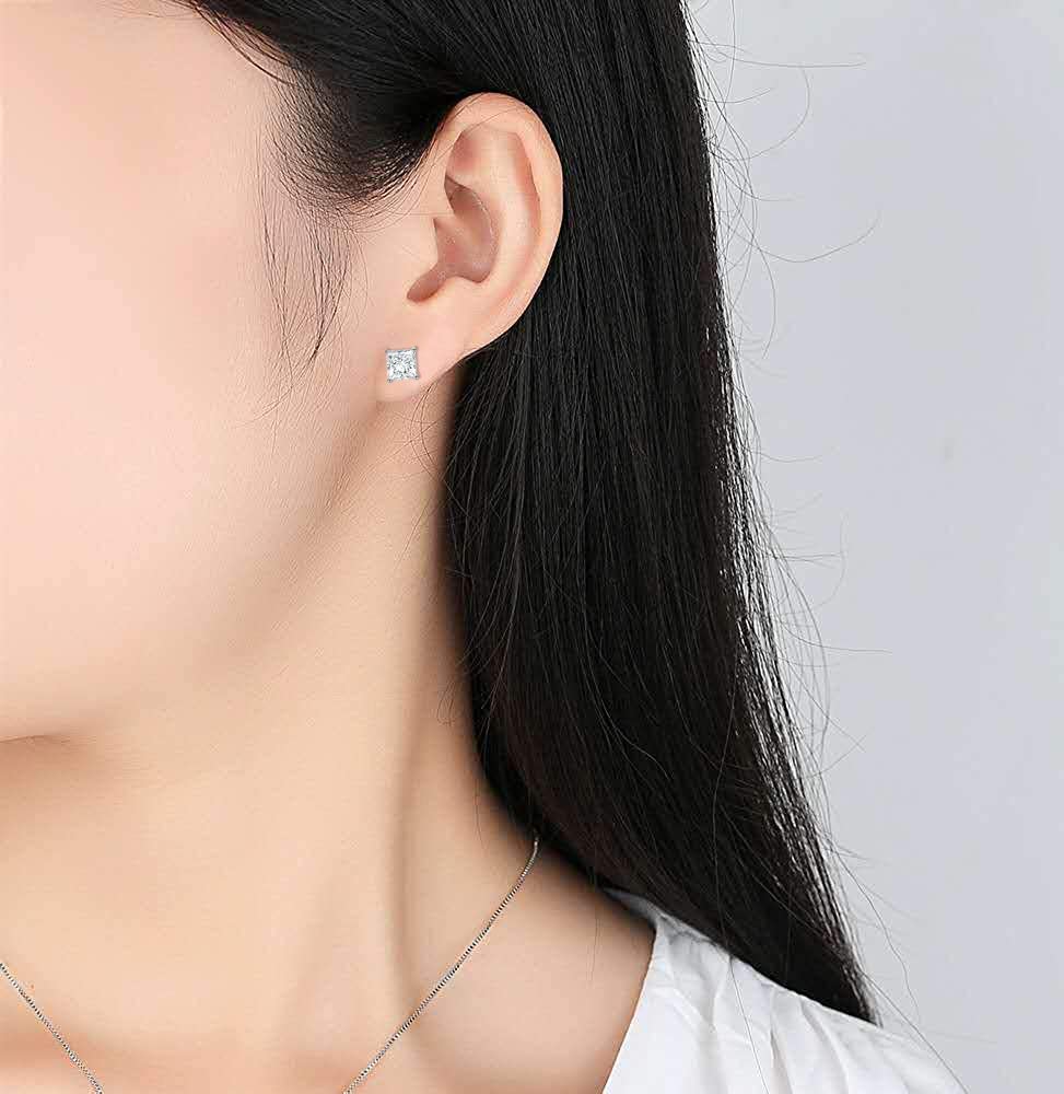 5 Pairs 18K White Gold Plated Princess Cut Cubic Zirconia Stud Earrings for Women & Men - Elegant Square CZ Studs for Everyday Wear, Parties & Gifts