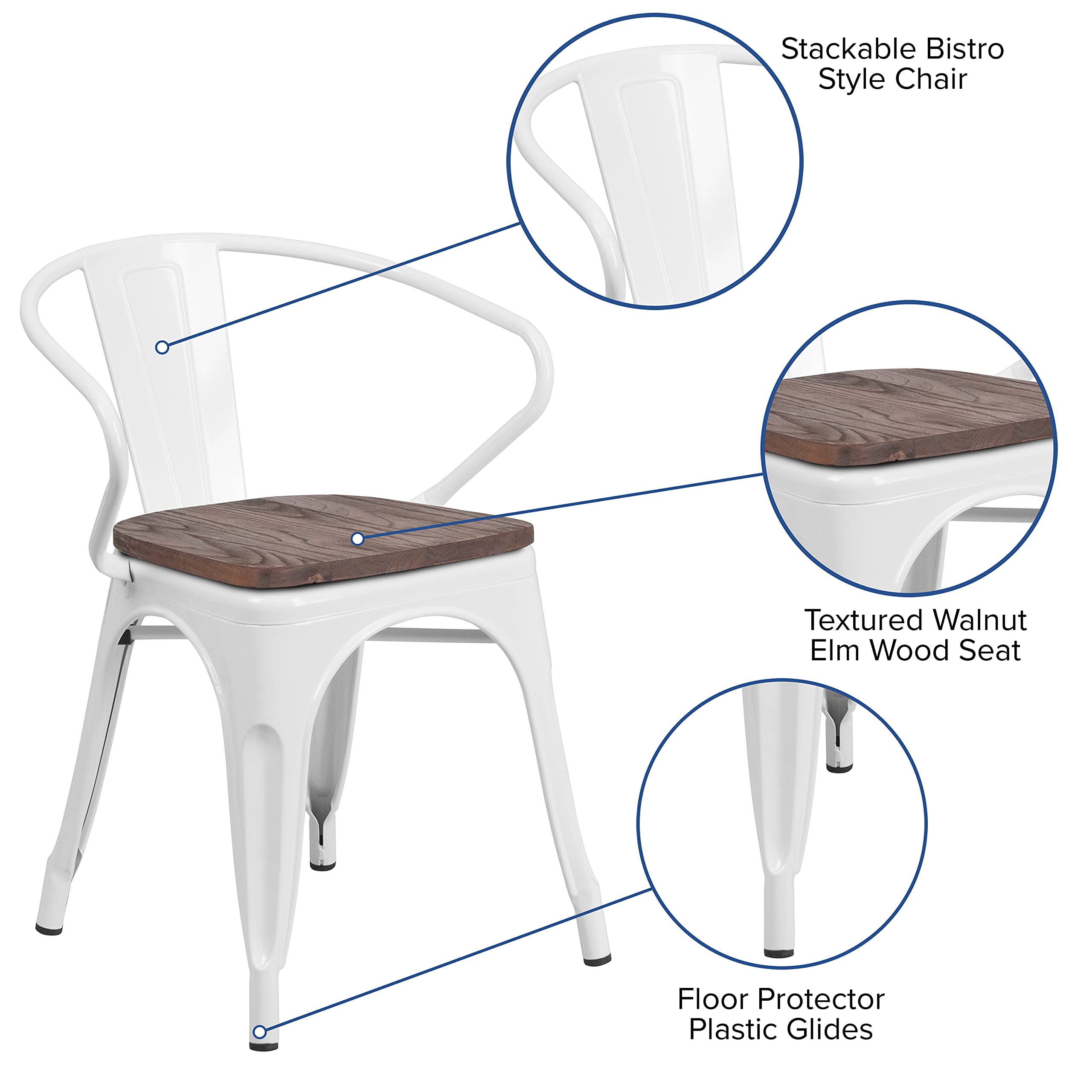 4 Pack White Metal Chairs with Wooden Seats & Arms - Durable Restaurant Furniture for Indoor & Outdoor Dining, Cafes, and Events