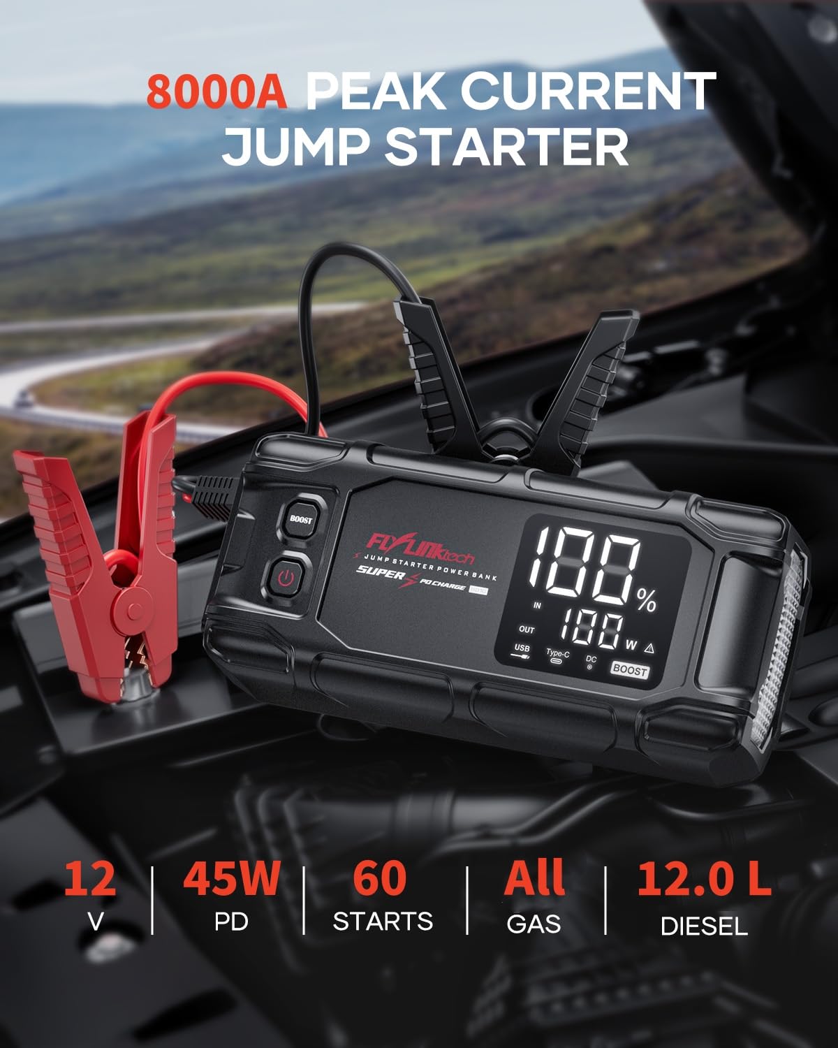 FLYLINKTECH 8000A Peak 26800mAh Car Battery Jump Starter - Portable 12V Jump Box for All Gas & 12L Diesel Engines with PD45W Fast Charging & 600 Lumen LED Light - Emergency Roadside Assistance & Power Bank for Camping, Travel, and Outdoor Adventures