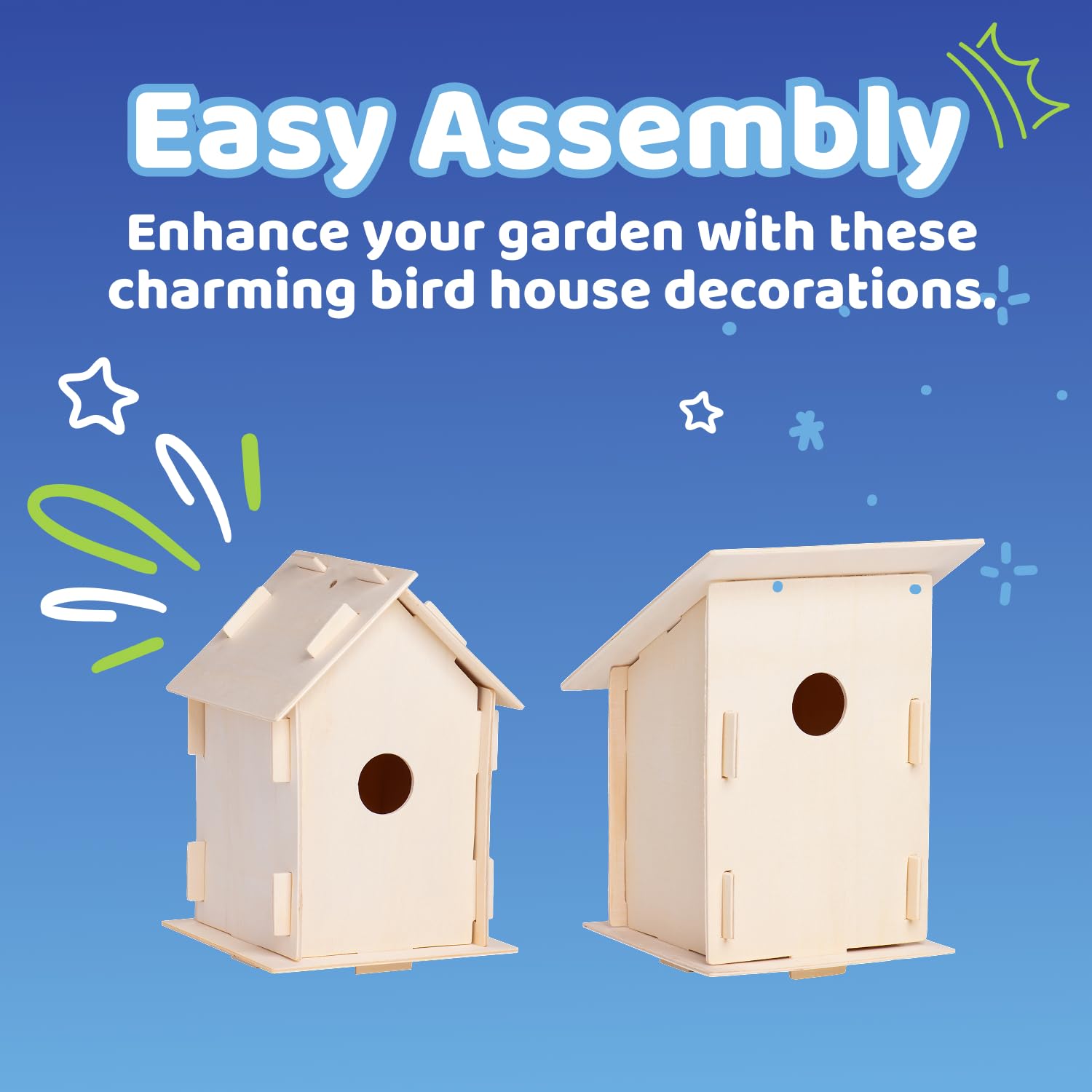 Neliblu DIY 12 Wooden Bird House Kits - Creative Arts and Crafts Set for Kids & Adults - Unfinished Wood Birdhouses with Paint, Brushes, Stickers & Strings - 3 Unique Shapes, 2 Sizes - Perfect for Garden Decor, Kids' Craft Projects & Gift Giving