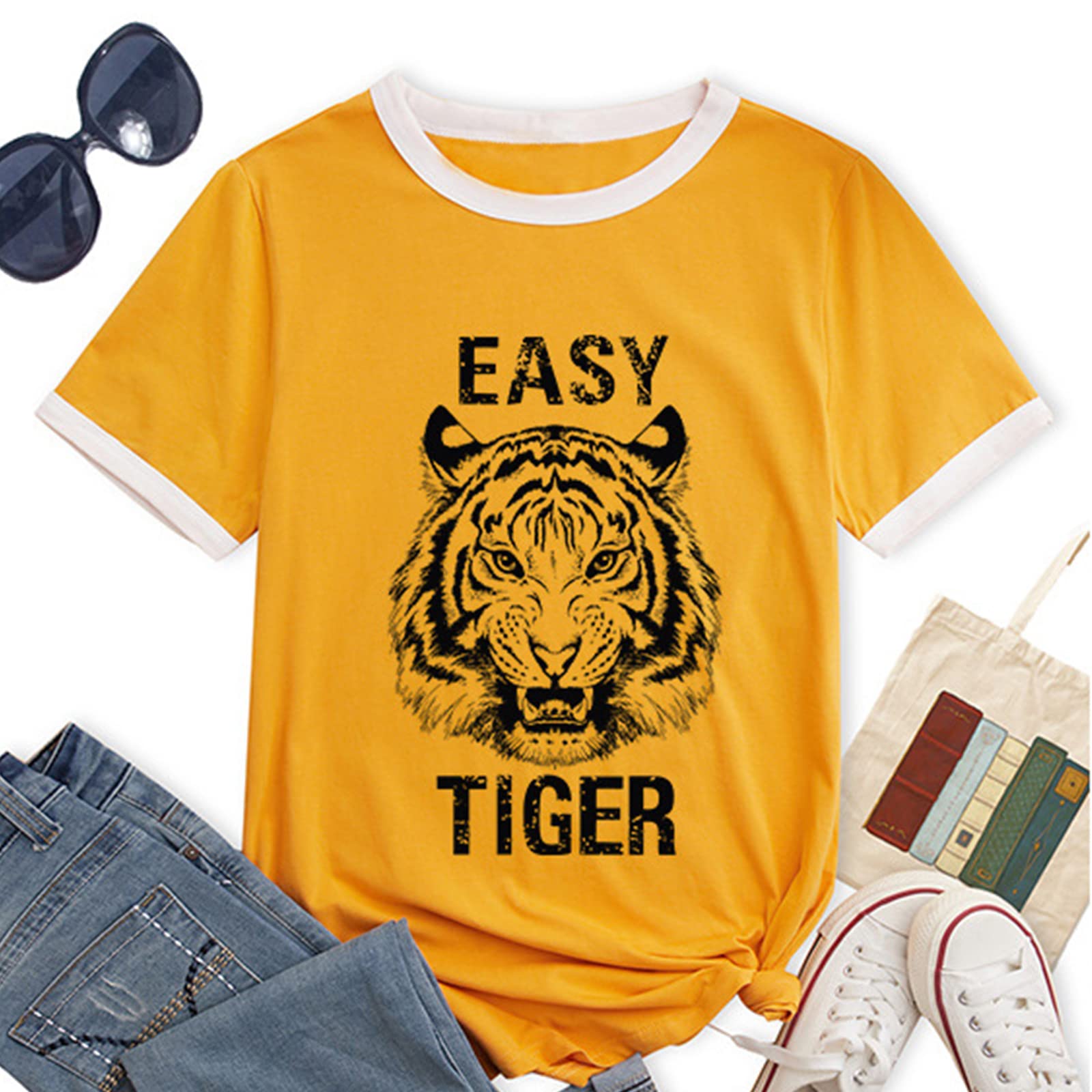 Easy Tiger Women's Graphic Tee - Animal Tiger Print Patchwork White Short Sleeve T-Shirt | Country Music Inspired Casual Top for Concerts & Summer Outfits