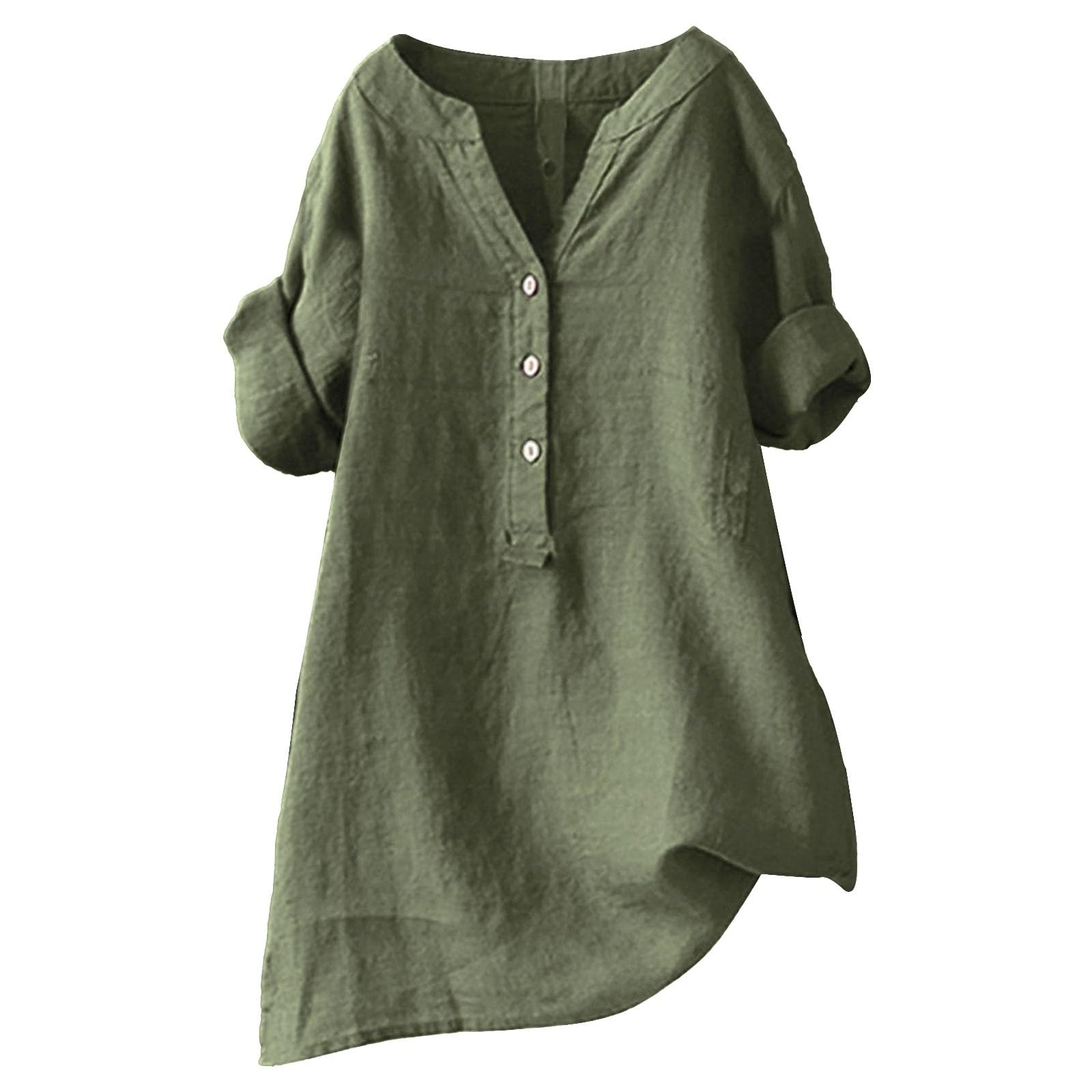 Women's Linen Shirt - Plus Size 3/4 Sleeve V-Neck Tunic Top for Summer 2024 | Casual Beach Wear & Vacation Outfit