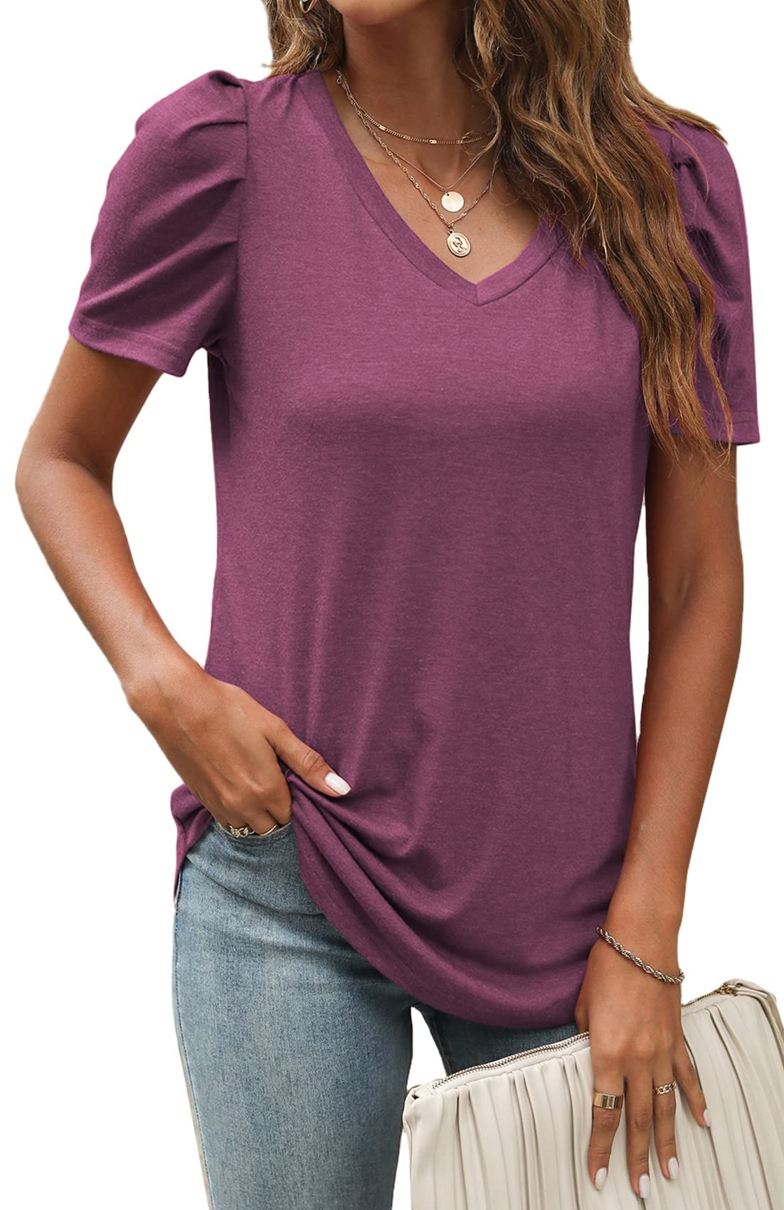 Women's Puff Sleeve V-Neck Tunic Top - Loose Fit Short Sleeve Blouse for Summer | Casual Outfit, Beach Wear & Everyday Fashion