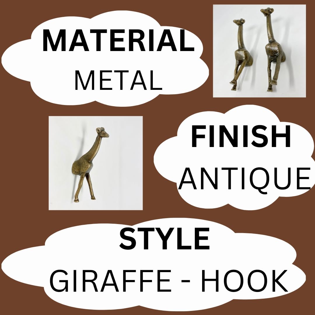 Vintage Safari Animal Drawer Pulls - Antique Brass Iron Knobs (Hook & Giraffe Design) for Cabinets, Dressers & Furniture Hardware