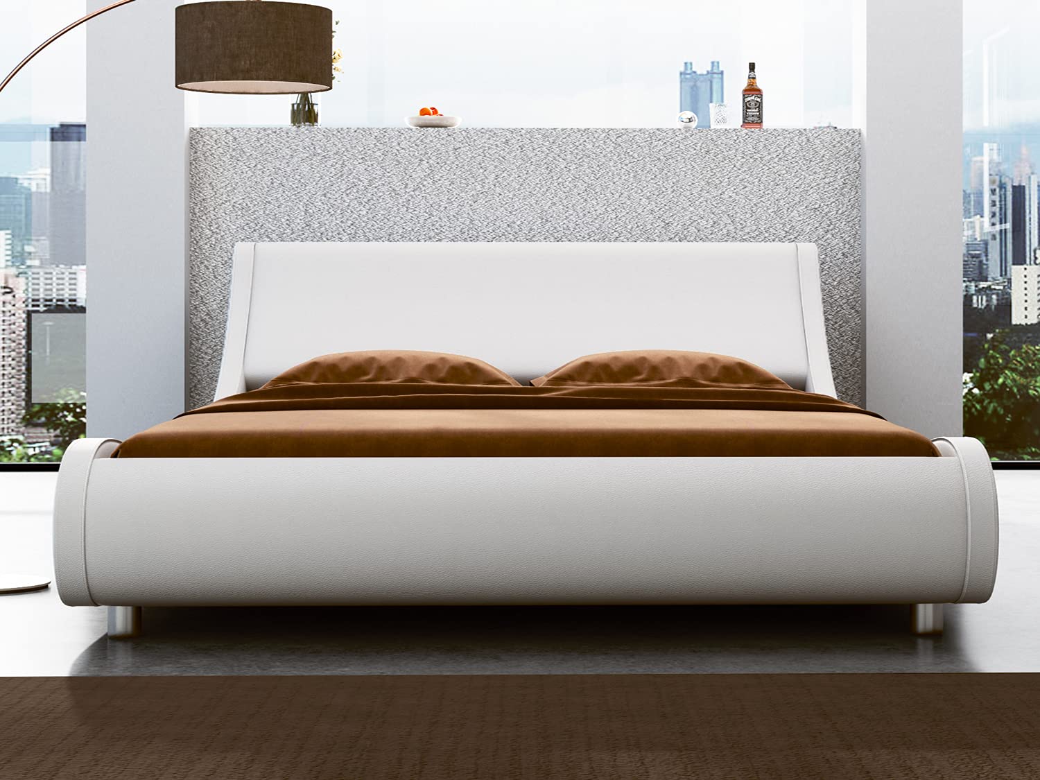 Modern Low Profile Platform Bed Frame Queen Size - Faux Leather Upholstered Sleigh Bed with Adjustable Headboard, No Box Spring Needed, White - Perfect for Contemporary Bedrooms, Guest Rooms & Small Spaces