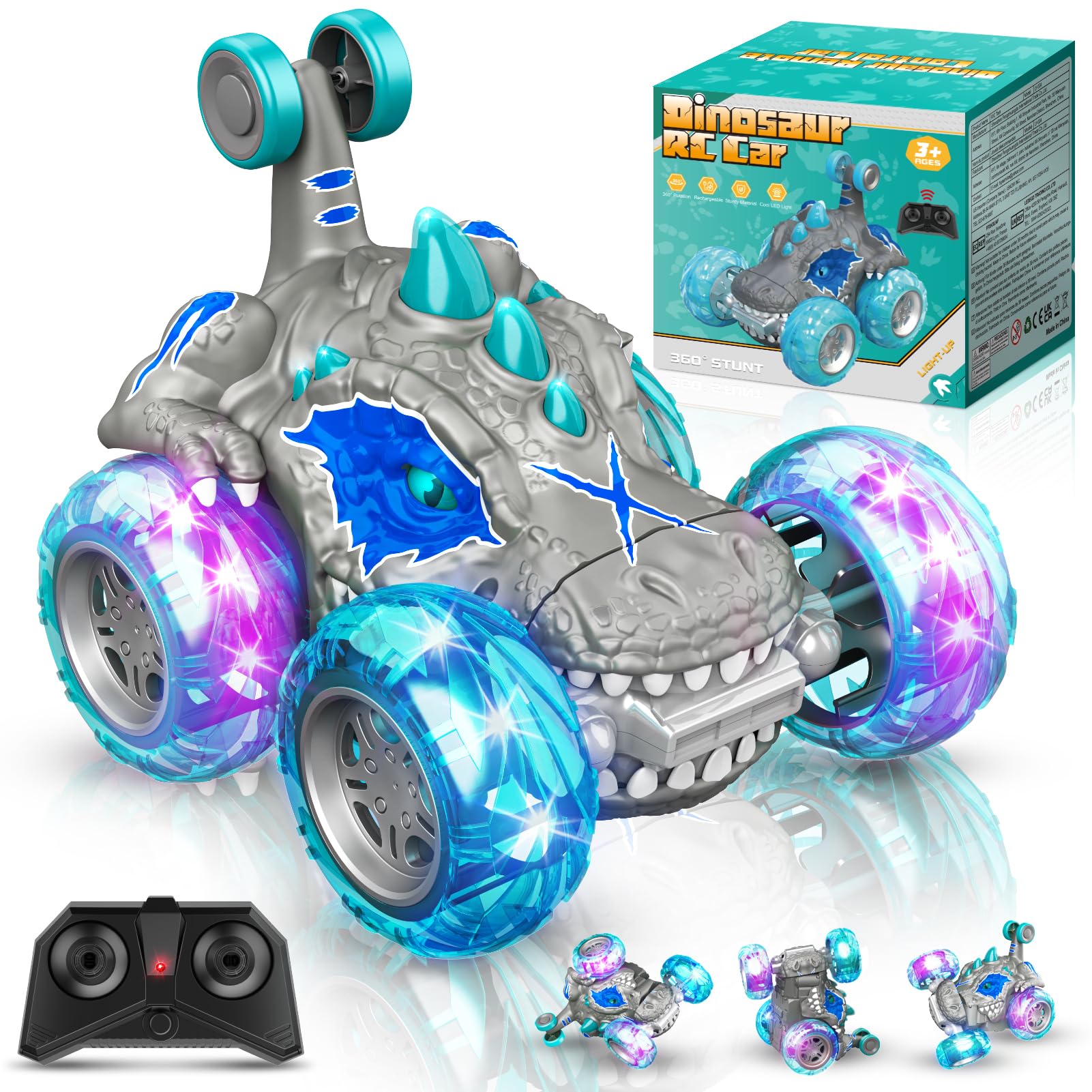 Remote Control Car for Kids Ages 3-10 - 2.4Ghz Fast Stunt RC Truck with 360° Rotation, Dinosaur Design & LED Wheel Lights | Best Outdoor Toy Gift for Boys Birthday, Christmas | Great for Backyard Play, Park Adventures & Indoor Racing Fun