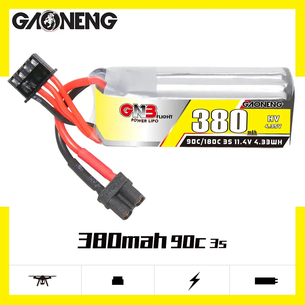 High-Performance GAONENG GNB LiHV 3S 11.4V 380mAh 90C XT30 LiPo Battery Pack (2-Pack) for RC Drones, FPV Racing, and Mini Quadcopters - Long Lasting Power Solution