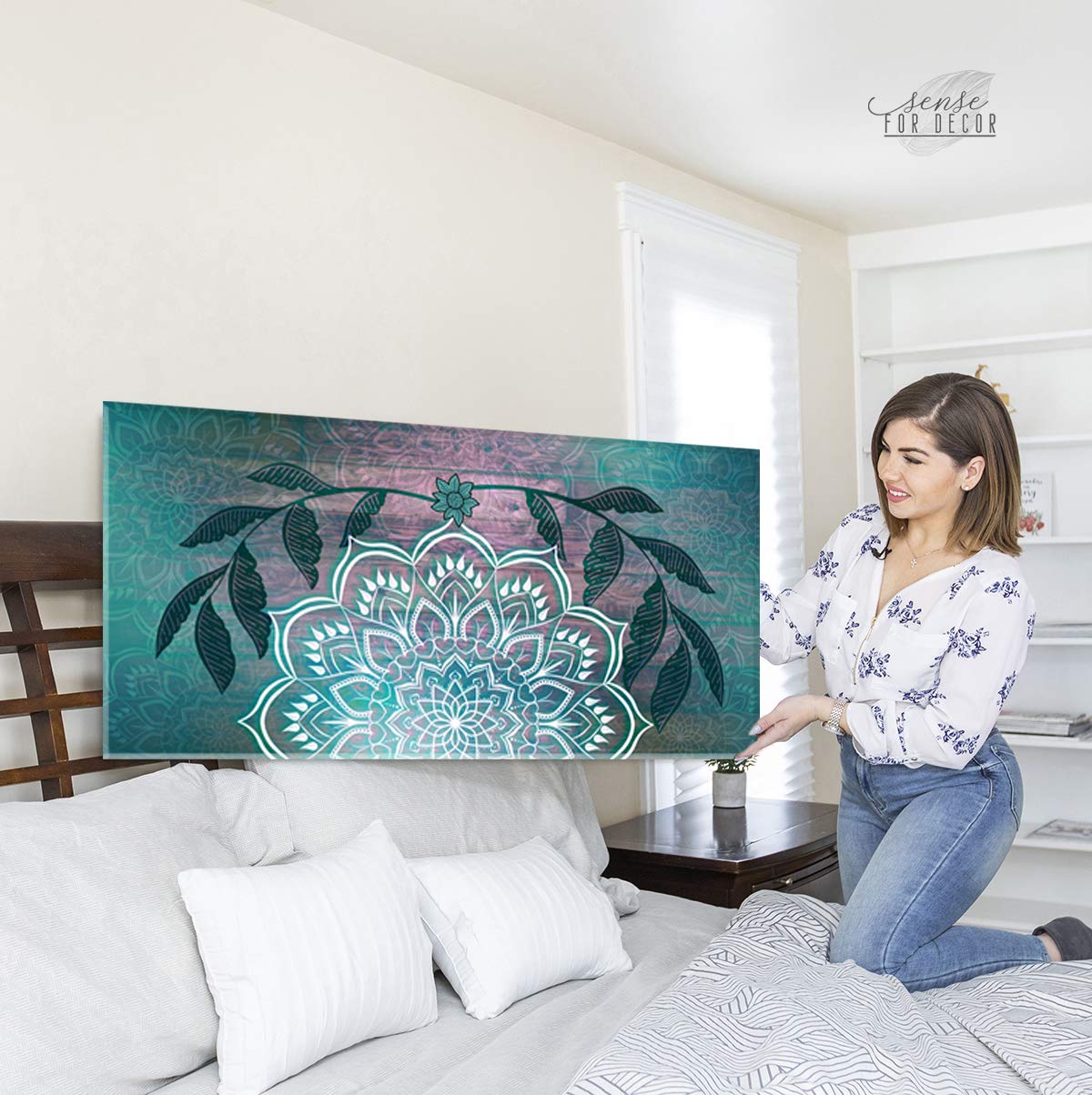 Boho Mandala Wall Hanging - Handmade Macrame Wall Art for Bedroom & Living Room Decor - Boho Headboard in Teal (60
