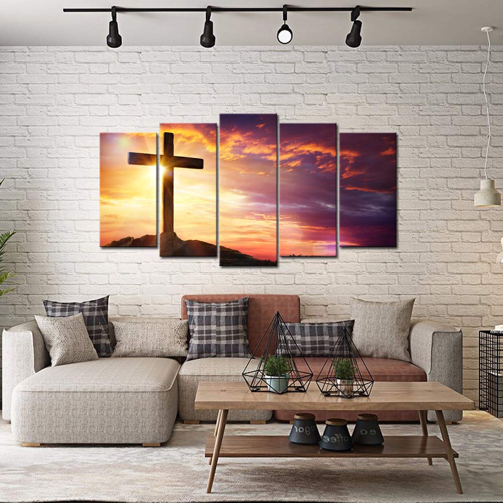 5 Large Christian Cross Sunset Canvas Prints - Framed Wall Art for Living Room, Home Decor, Ready to Hang | Religious Artwork, Bedroom & Office Decor