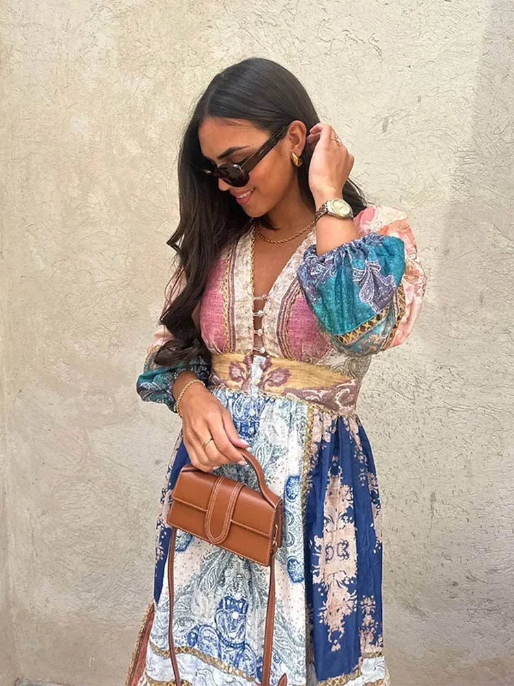 Women's Fashion Puff Sleeve Patchwork Print Midi Dress - Sexy V-Neck High Waist Long Dress for Vacation & Streetwear | Summer Beach Outfit, Date Night Dress, Party Wear