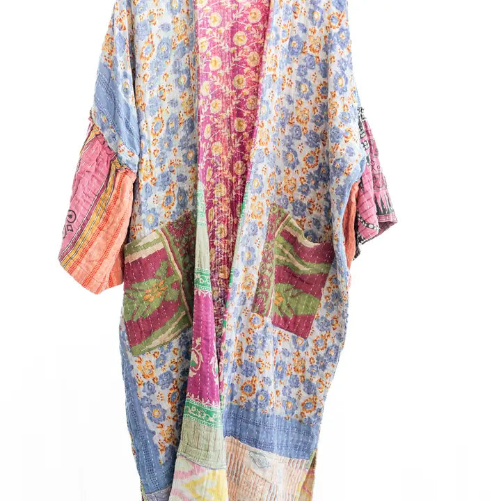 Reversible Kantha Kaftan - Long Boho Kimono Robe for Women | Lightweight Cotton Lounge Dress for Beach Cover Up, Yoga, Meditation & Relaxation at Home