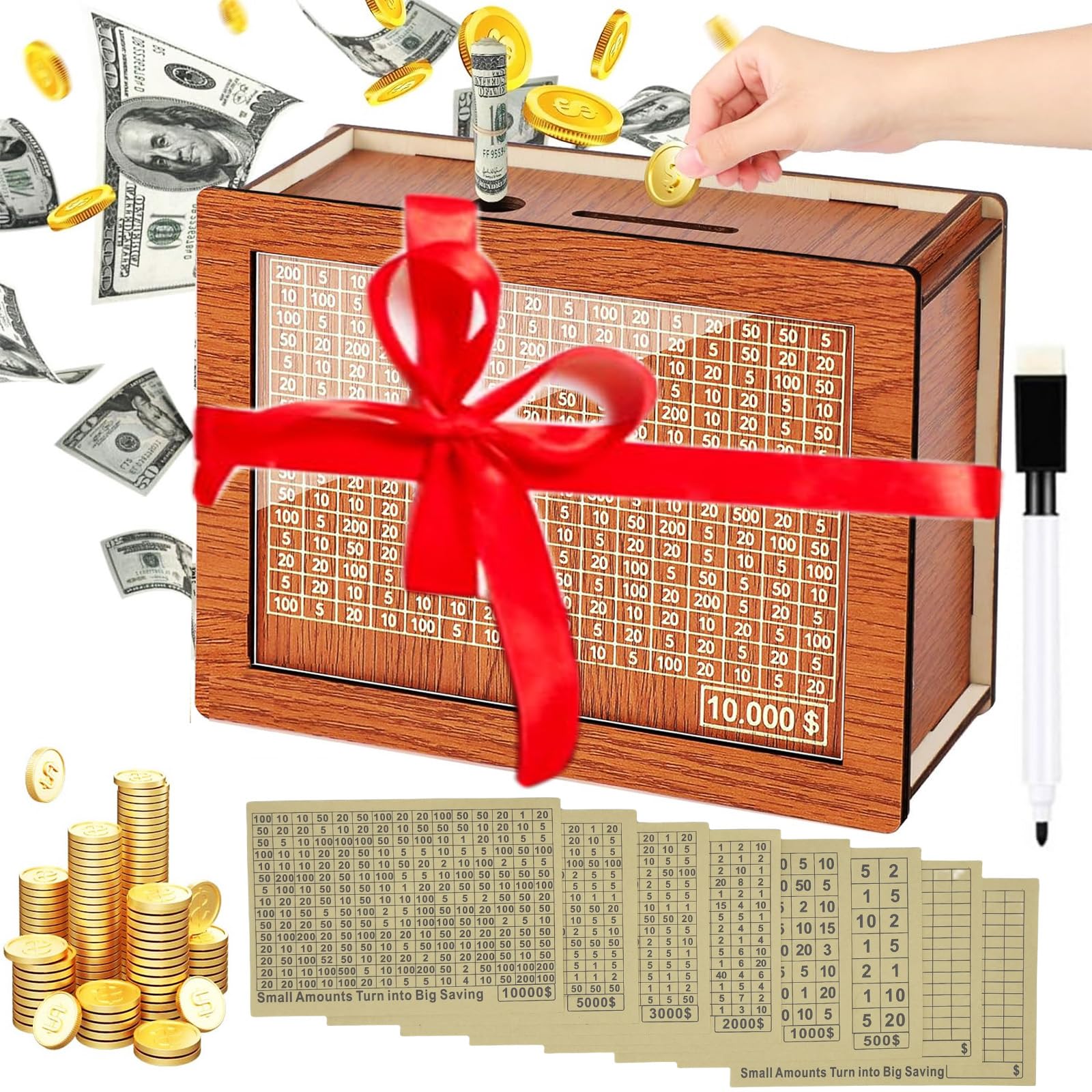 Wooden Reusable Money Saving Box - 10000 Savings Challenge Piggy Bank for Adults & Kids with $10000/5000/3000/2000/1000/500 Targets - Best Gift for Family & Friends (8 Sheets, Brown) - Perfect for Budgeting, Financial Goals & Teaching Kids Money Management