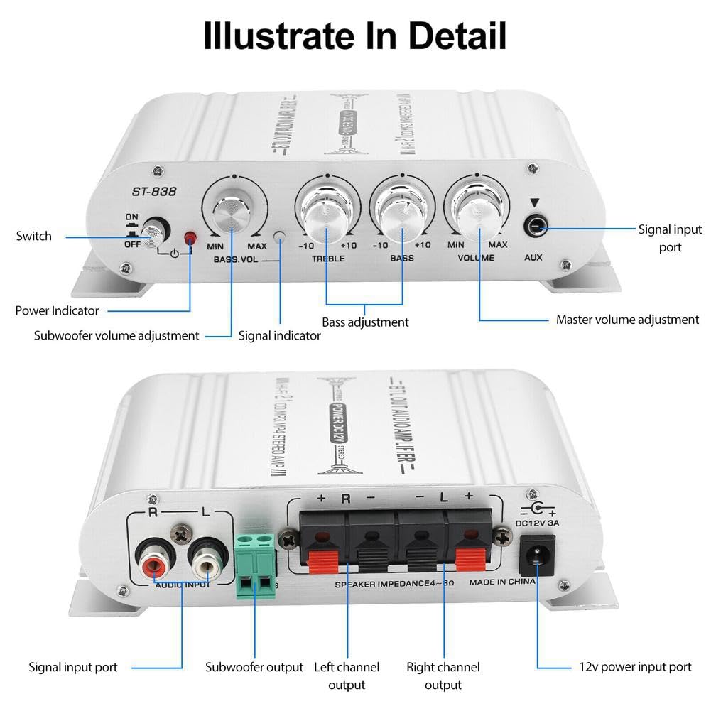 Oikabio 2.1 Channel Car Stereo Amplifier - 12V Hifi Power Audio System with Subwoofer Output for Home & Car Audio Upgrade | Perfect for Music Lovers & Bass Enthusiasts