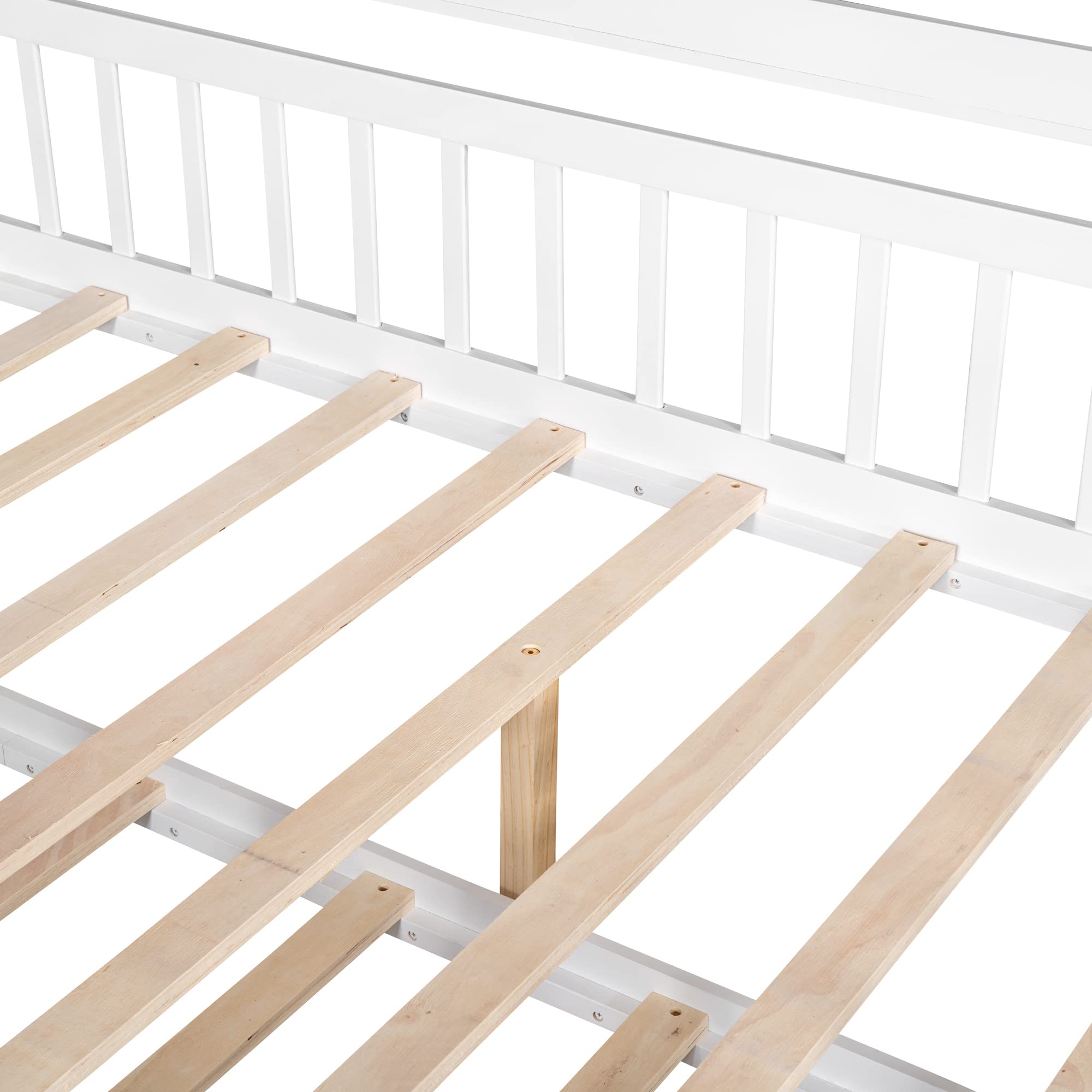 Wooden House Bed with Trundle - Kids Twin/Full Size Bed Frame with Built-in Shelf, Full-Length Safety Guardrail & Roof Design - No Box Spring Needed - White - Perfect for Bedroom, Playroom & Nursery Decor