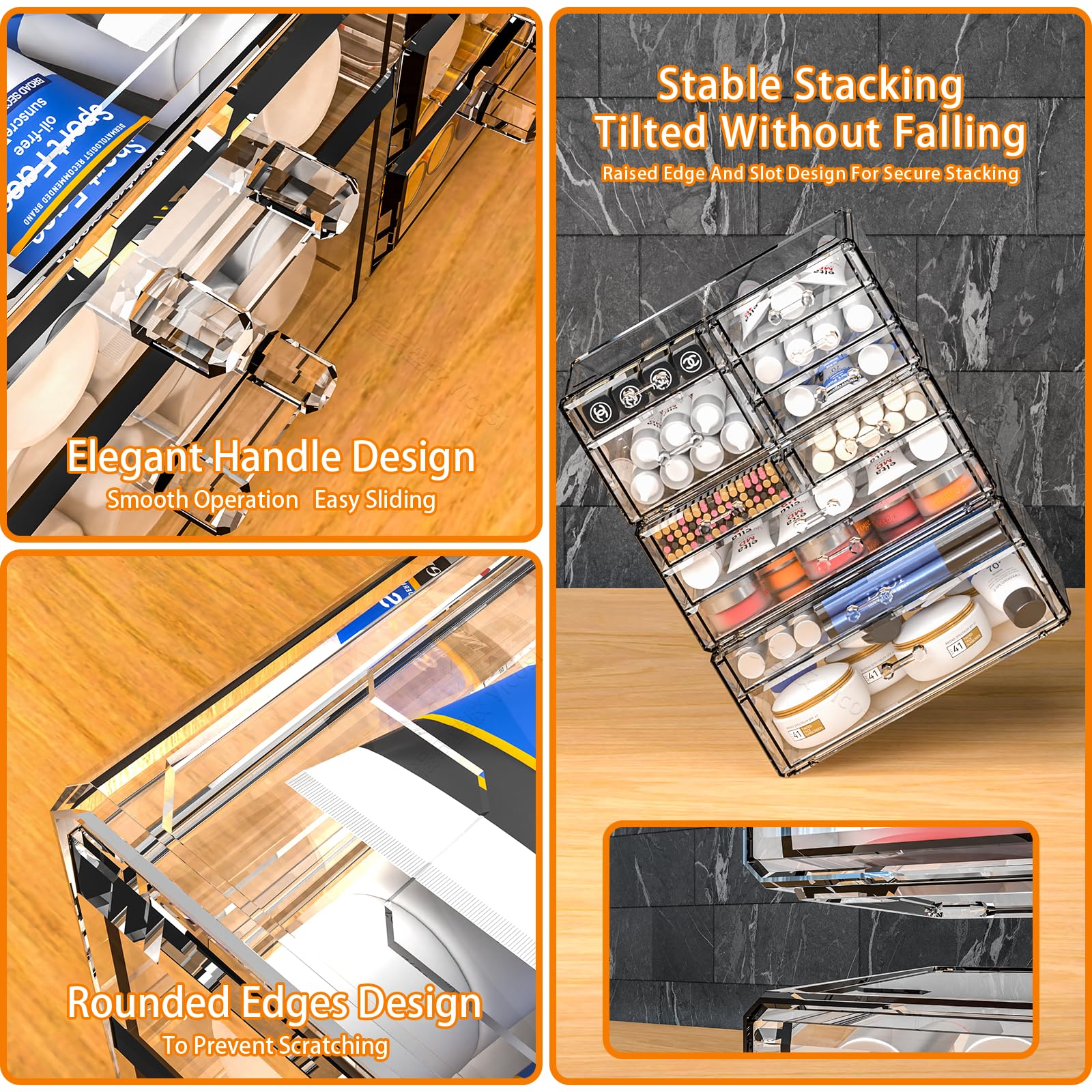 4-Pack Clear Acrylic Drawer Organizer - Stackable 13-Drawer Makeup Storage Cube for Dresser, Hair Clips & Beauty Products - Perfect for Vanity, Bathroom & Desk Organization (13.5