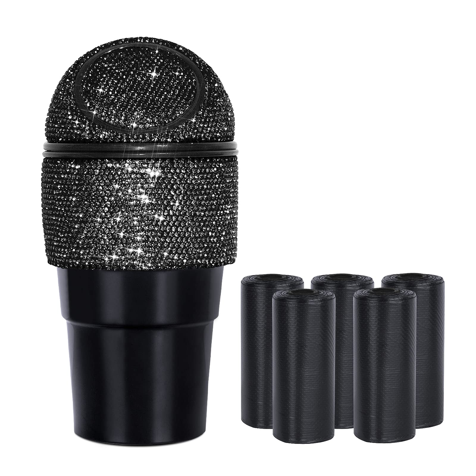 Bling Crystal Car Trash Can with Lid - Mini Auto Garbage Bin for Car, Office & Home - 5 Pack Disposable Bags Included - Perfect for Women's Vehicles, Cup Holder & Small Space Organization (Black)