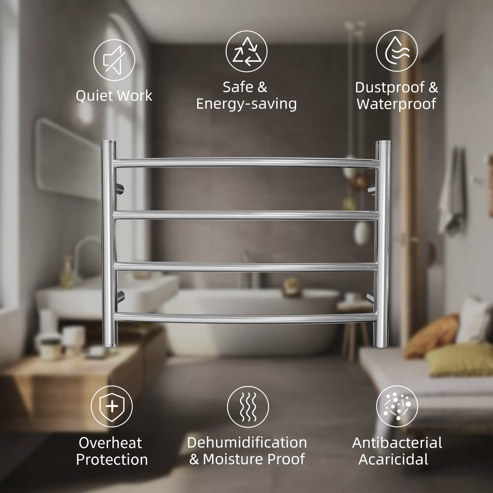 Polished Chrome Electric Heated Towel Rack - Wall Mounted Bathroom Towel Warmer, 4-Bar Stainless Steel Drying Rack (40W, 16.54x23.62x5.51 inches) - Perfect for Spa-Like Bathroom Luxury & Quick Drying