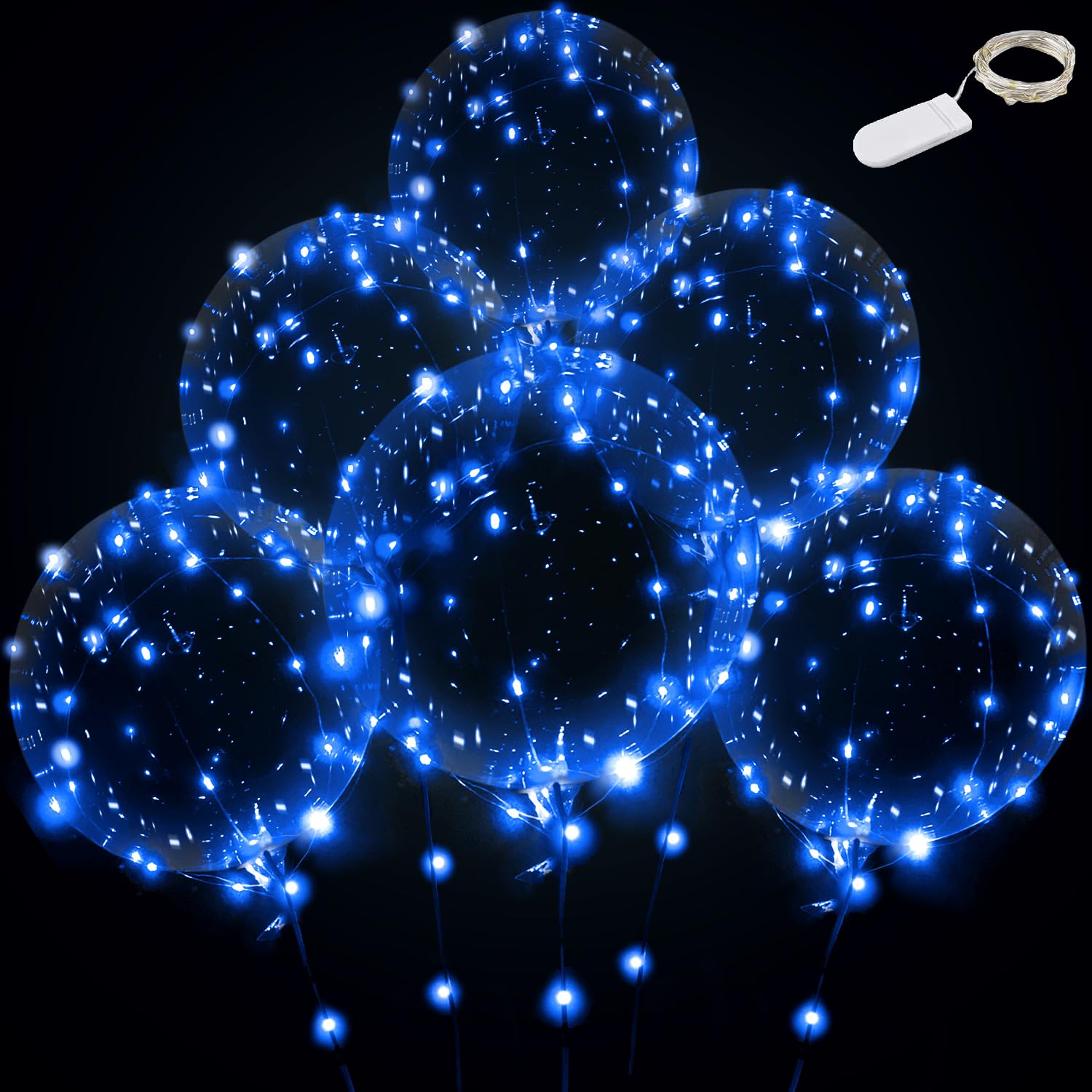 Blue LED Balloons 6-Pack - Light Up Clear Bobo Balloons with String Lights for Party, Birthday, Anniversary, Wedding Decorations - Perfect for Indoor & Outdoor Celebrations, Nighttime Events, and Photo Backdrops