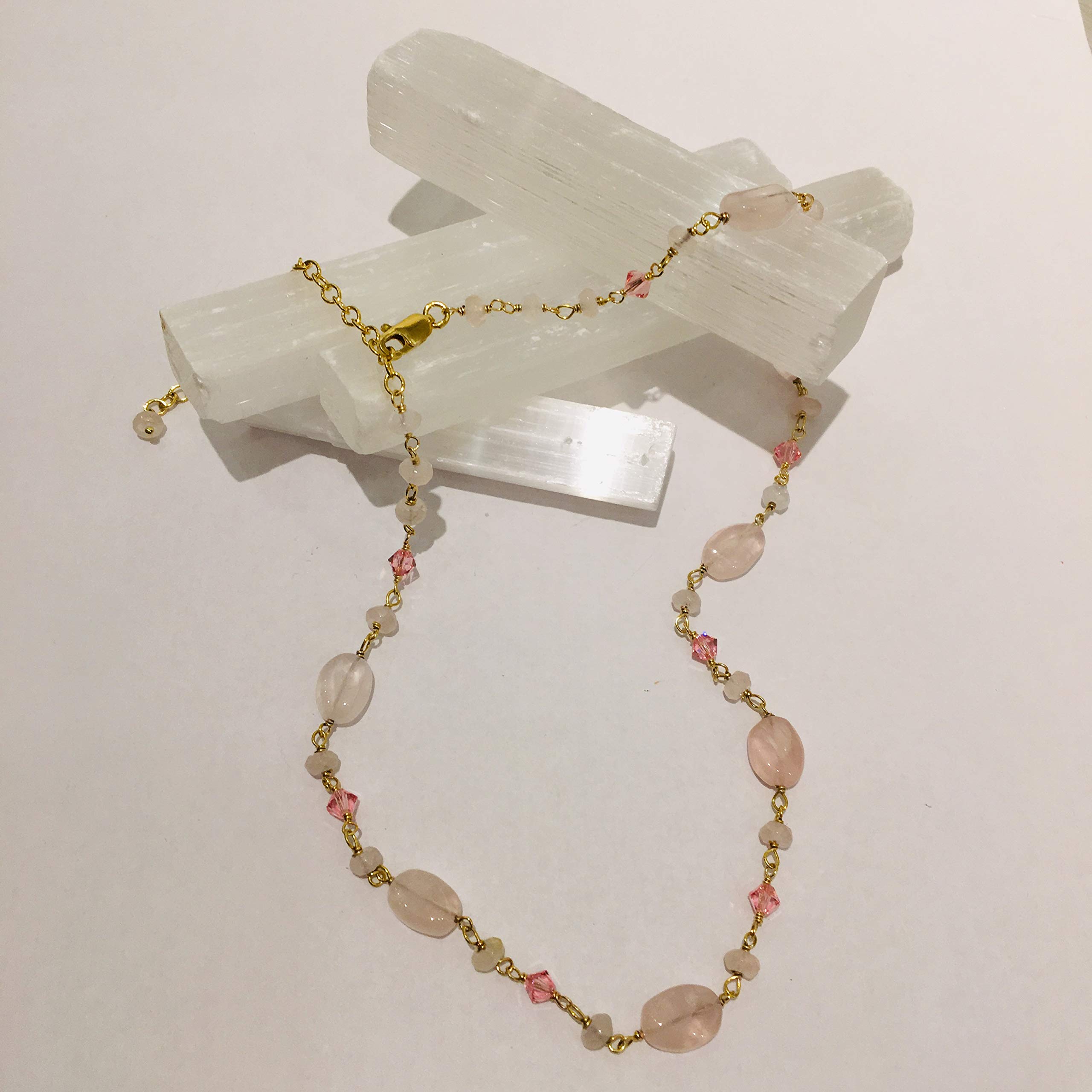 14K Gold Filled Rose Austrian Crystal & Rose Quartz Choker Necklace with 3