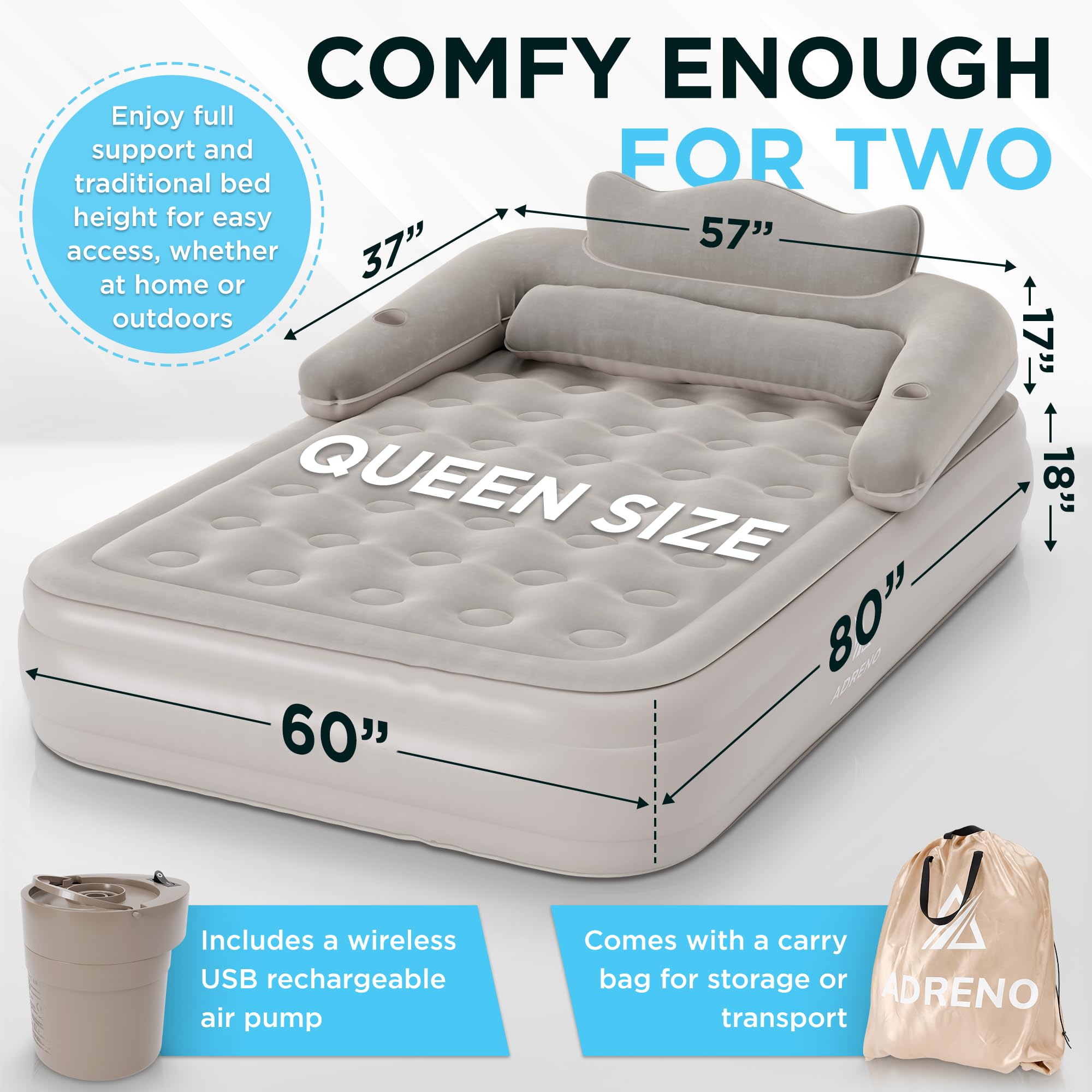 Queen Size Air Mattress with Built-in Pump & Headboard - Thick Inflatable Mattress for Home, Camping & Guests - Includes Carry Bag - Perfect for Spare Bed, Sleepovers & Outdoor Adventures