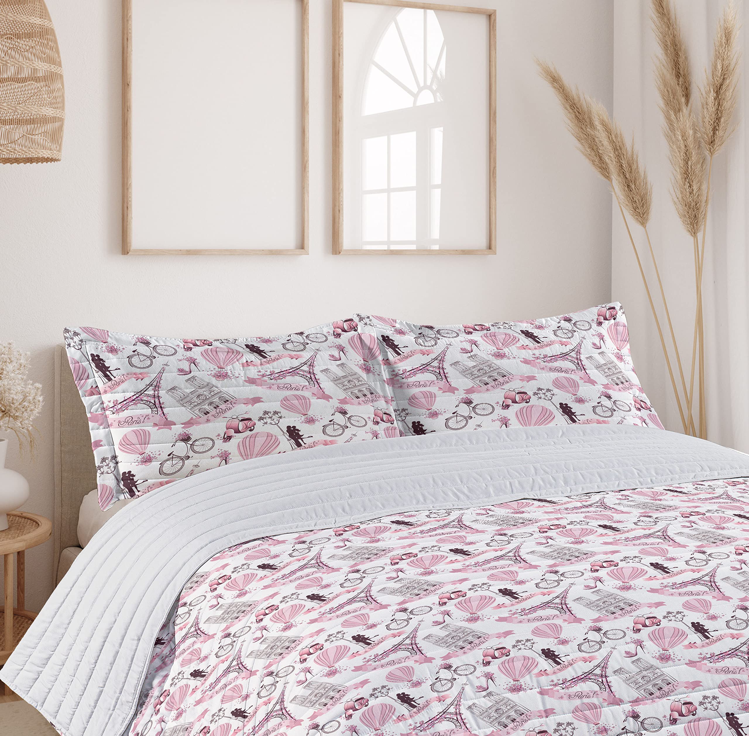 Ambesonne Eiffel Tower Microfiber Bedspread Set - Parisian Love Theme French Bridal Bedding with Pink Blossoms, Queen Size Rose Black White Comforter & Pillow Shams | Romantic Bedroom Decor for Couples, Paris-Themed Guest Room, Wedding Gift Idea