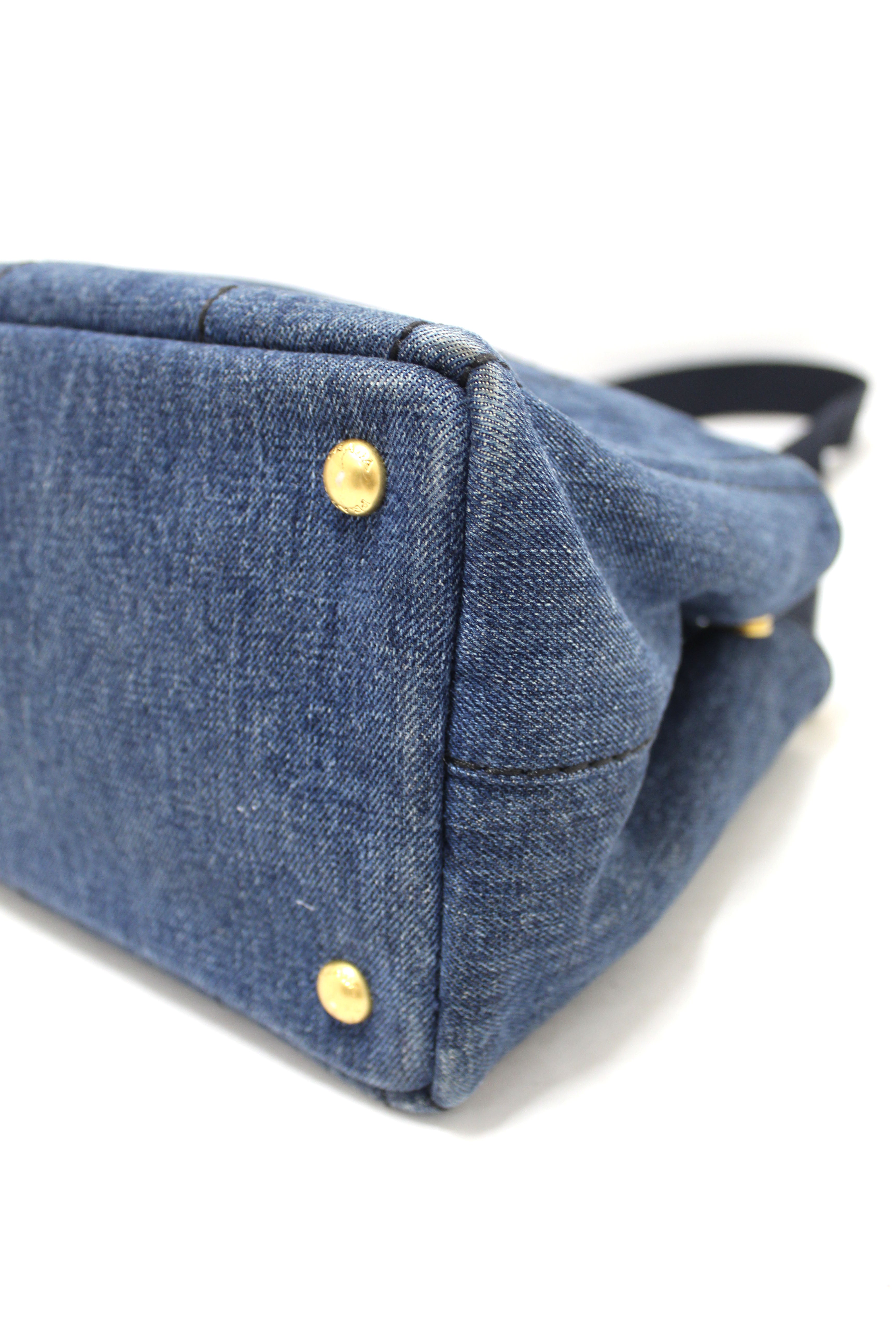 Authentic Prada Blue Denim Small Canapa Canvas Tote Bag with Long Strap - Luxury Designer Handbag for Women, Perfect for Work, Travel & Everyday Use