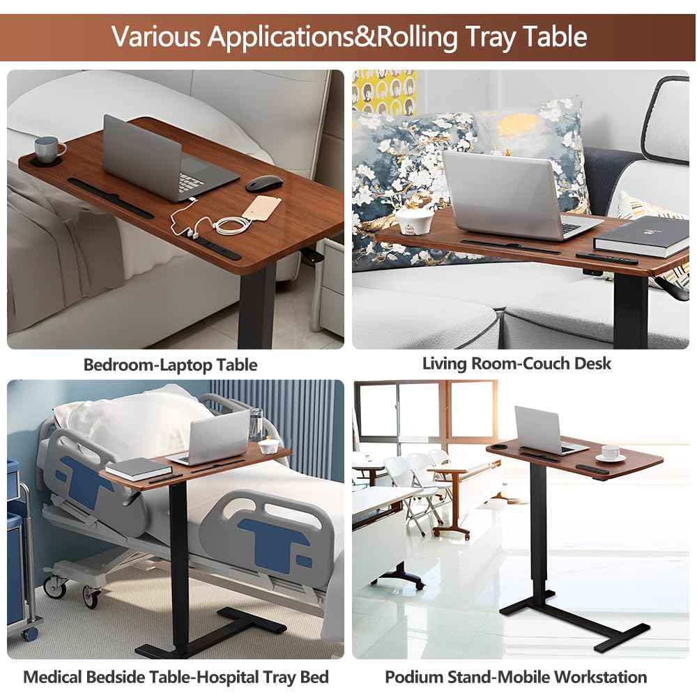Adjustable Overbed Table with Wheels & USB Port - Hospital Bed Table, Pneumatic Height Adjustable for Home & Medical Use - Walnut & Marble White Finish - Perfect for Eating, Working, Reading in Bed or Recovery