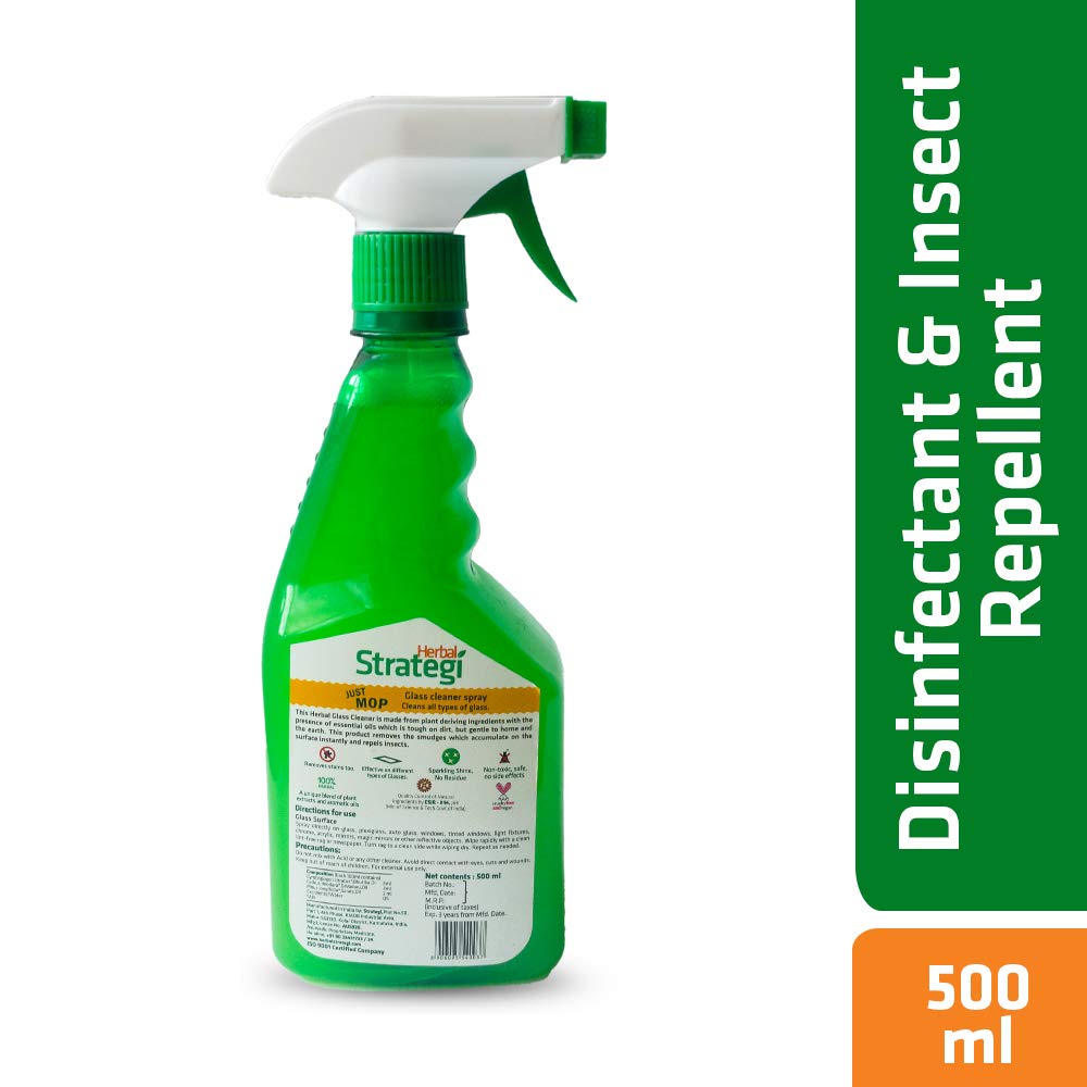 Herbal Strategi Glass Cleaner Spray with Lemongrass, Bhutika Oil, Devadaru Oil & Sarala Oil - 500ml (Pack of 2) | Streak-Free, Natural Cleaning for Windows, Mirrors & Glass Surfaces | Eco-Friendly Home & Office Cleaning Solution