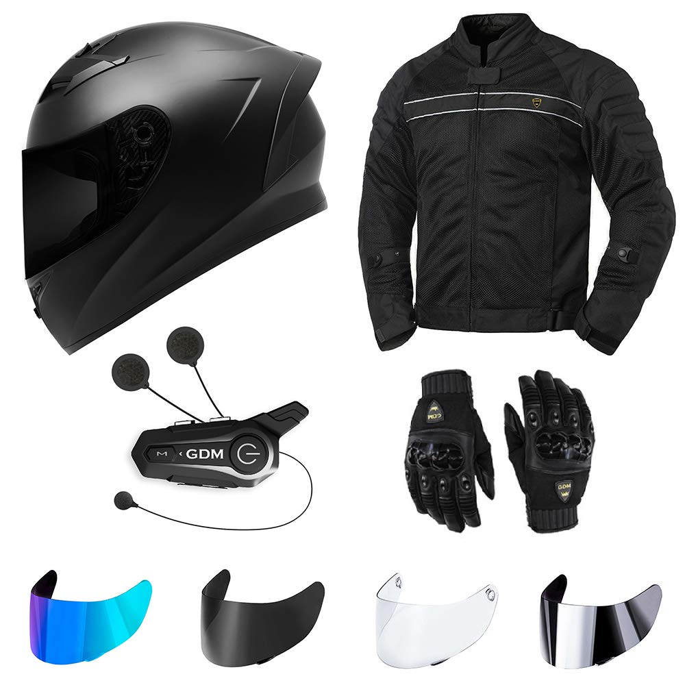 GDM Motorcycle Protective Gear Bundle (Starter Connect Pack) - Full Face Helmet, Armored Jacket, Riding Gloves, Visor Shields & Bluetooth Intercom System for Safe Street & Off-Road Riding - Perfect for Commuting, Touring & Adventure Motorcycles