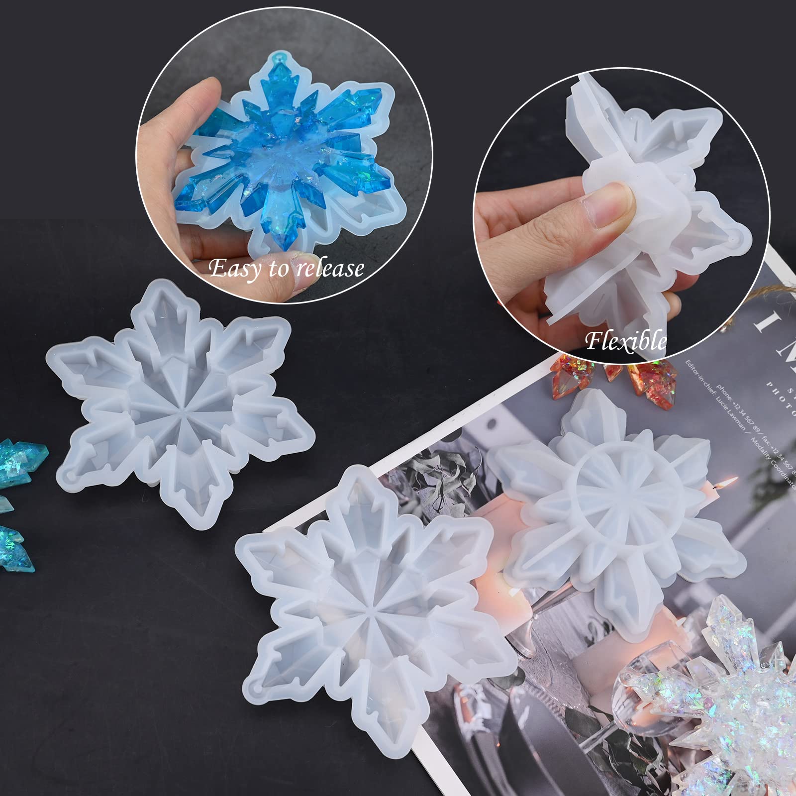Sakolla 5-Piece Christmas Silicone Resin Molds Set - 3D Snowflake Molds for DIY Epoxy Casting, Christmas Ornaments, Jewelry Pendants, Keychains & Holiday Decorations - Perfect for Christmas Crafts, Gift Making & Home Decor