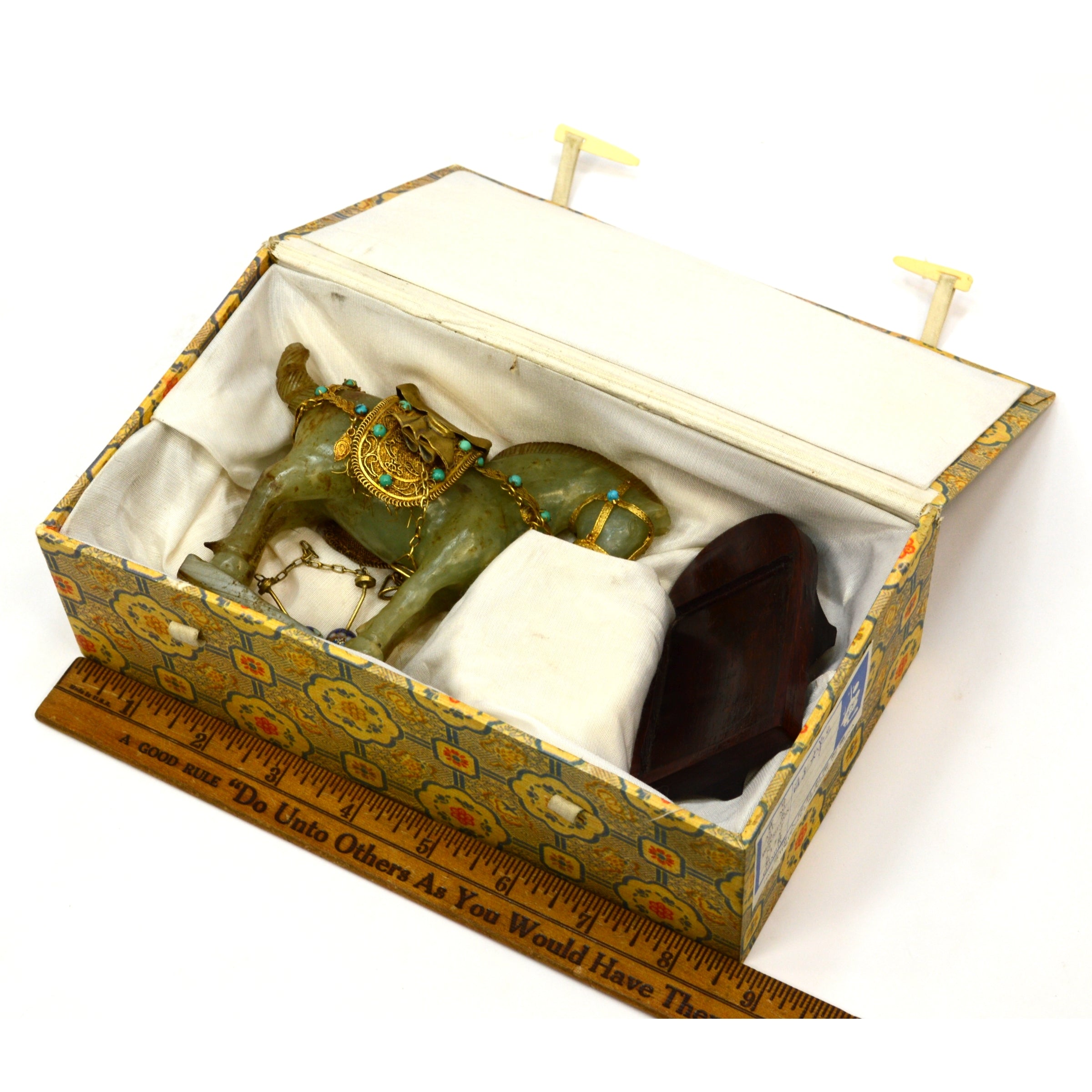 Antique Chinese Carved Jade Horse with Gold Gilt & Enamel Jeweled Saddle Bridle - Collectible Asian Artwork - Perfect for Home Decor, Gift Giving & Feng Shui Display