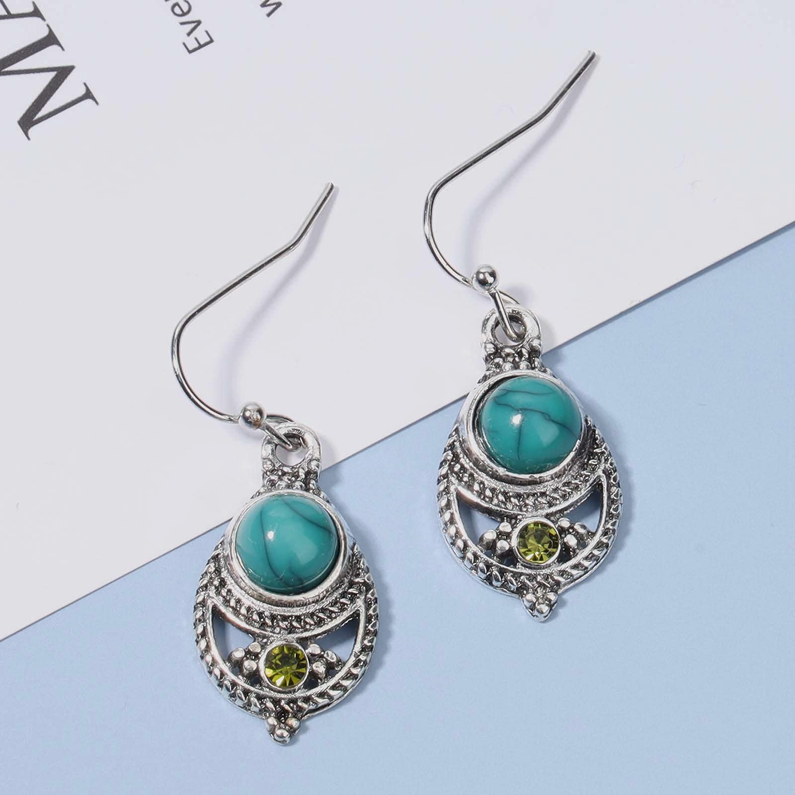 Boho Ethnic Turquoise Drop Earrings for Women - Silver Teardrop Gemstone Hook Dangle Earrings, Retro Handmade Jewelry | Perfect for Festivals, Weddings & Boho Fashion