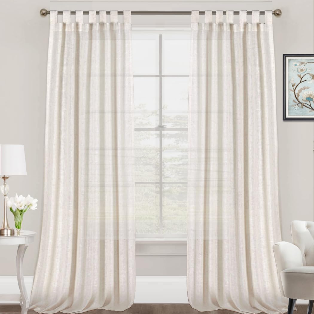 FantasDecor 108 Inch Linen Sheer Curtains - 2 Panels Tab Top Light Filtering Window Drapes for Living Room & Bedroom, Neutral Country Rustic Farmhouse Boho Shades, Natural - Perfect for Sunlight Control & Home Decor