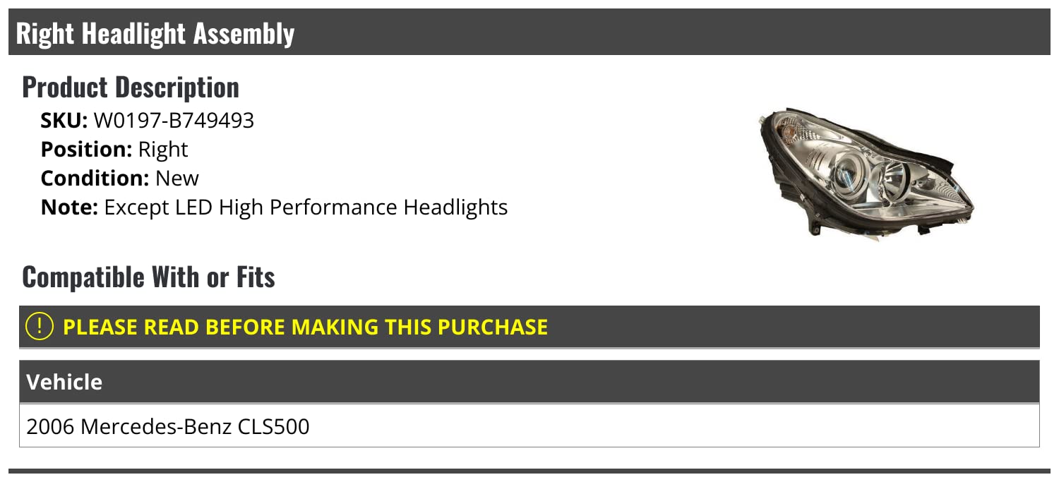 Right Passenger Side Headlight Assembly for 2006 Mercedes-Benz CLS500 - OEM Replacement Without LED - High Performance Headlights for Night Driving & Enhanced Visibility