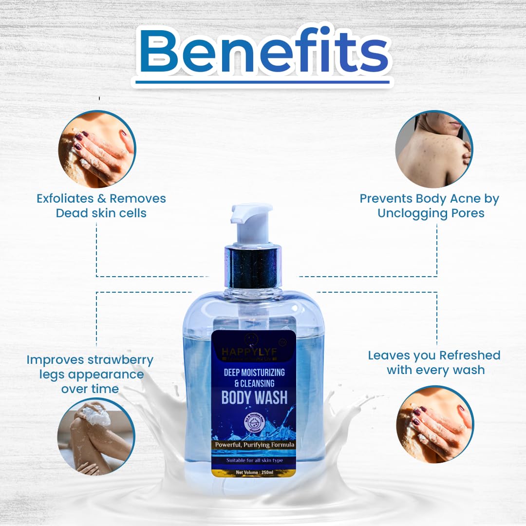 HappyLyf Deep Moisturizing & Cleansing Body Wash with 1% Salicylic Acid & Coco Glucoside - Treats Body Acne & Exfoliates Skin - 8.5 fl oz (250ml) - Ideal for Shower, Gym & Post-Workout Skincare Routine