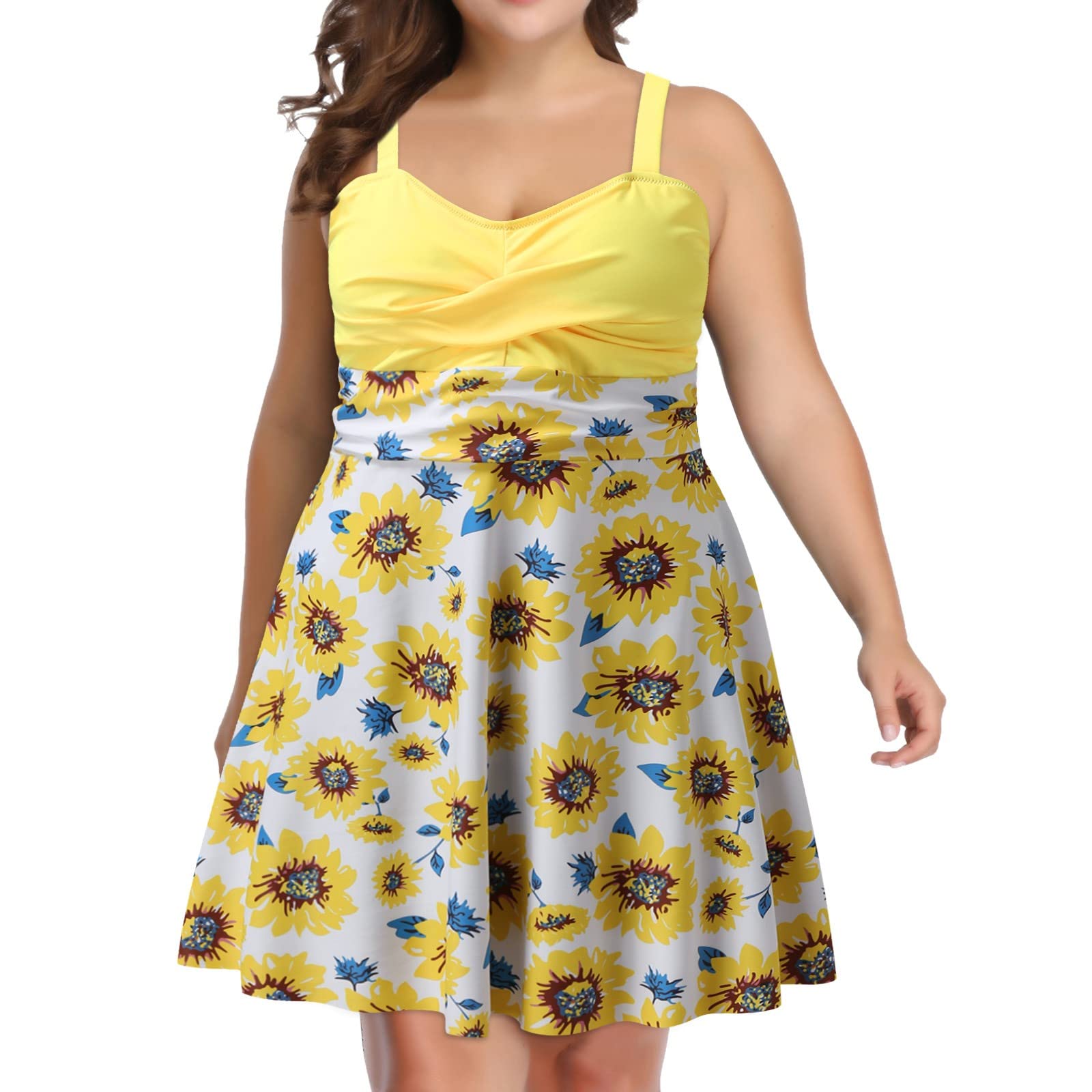 **Plus Size Women's High Waisted Yellow Bikini Set with Tankini Top & Black Bottoms (XXL) - Summer Swimwear for Beach, Pool, Tropical Vacations & Water Sports | Comfortable & Stylish for Swimming, Sunbathing & Vacation Photos | Perfect for Resort Wear, Cruise Getaways & Instagram Looks | Great for Beach Parties, Poolside Lounging & Summer Getaways**
