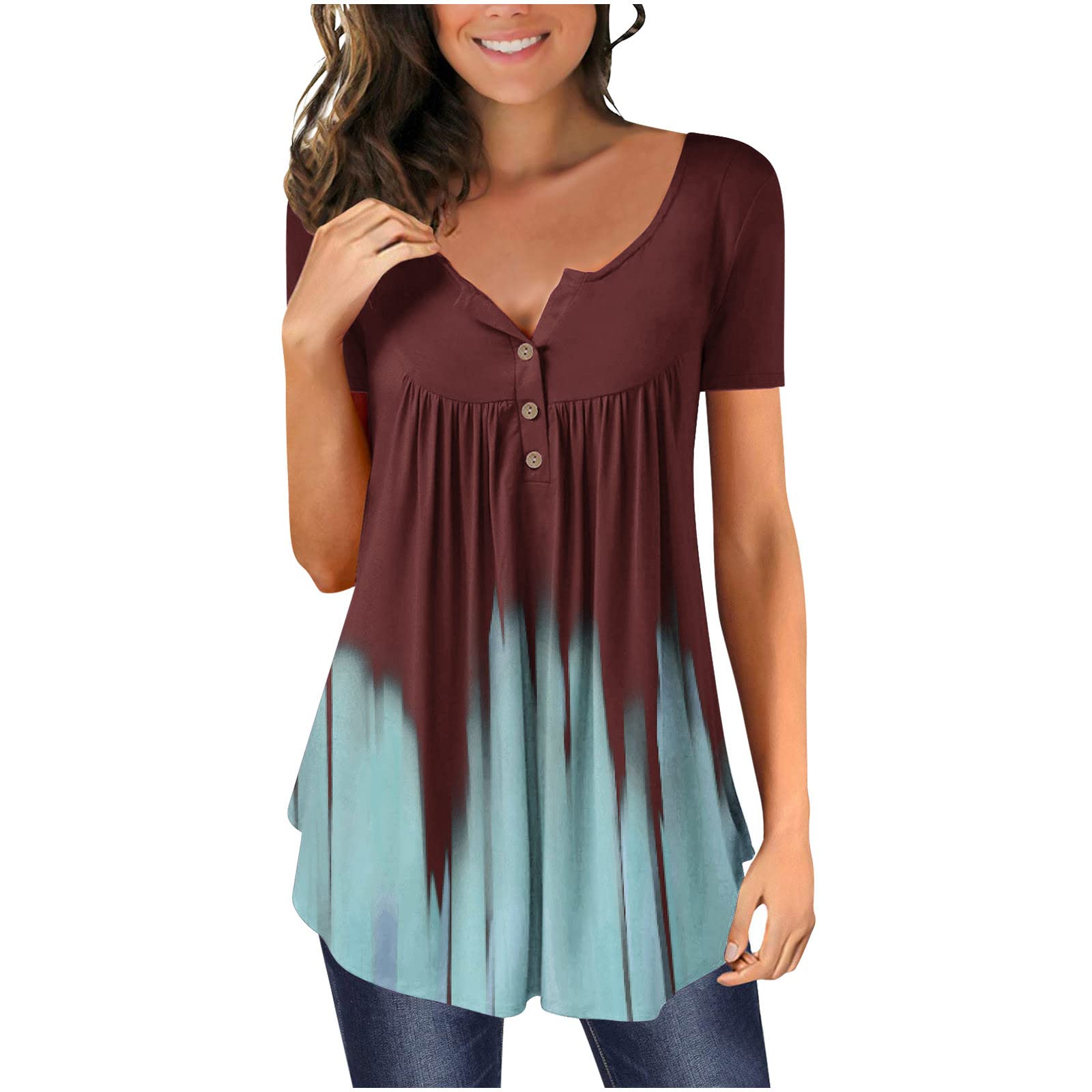 Mimacoo Women's Short Sleeve Gradient Button Down Blouse - Casual Crew Neck Loose T-Shirt with Irregular Hem for Summer | Perfect for Beach Outings, Date Nights & Weekend Wear