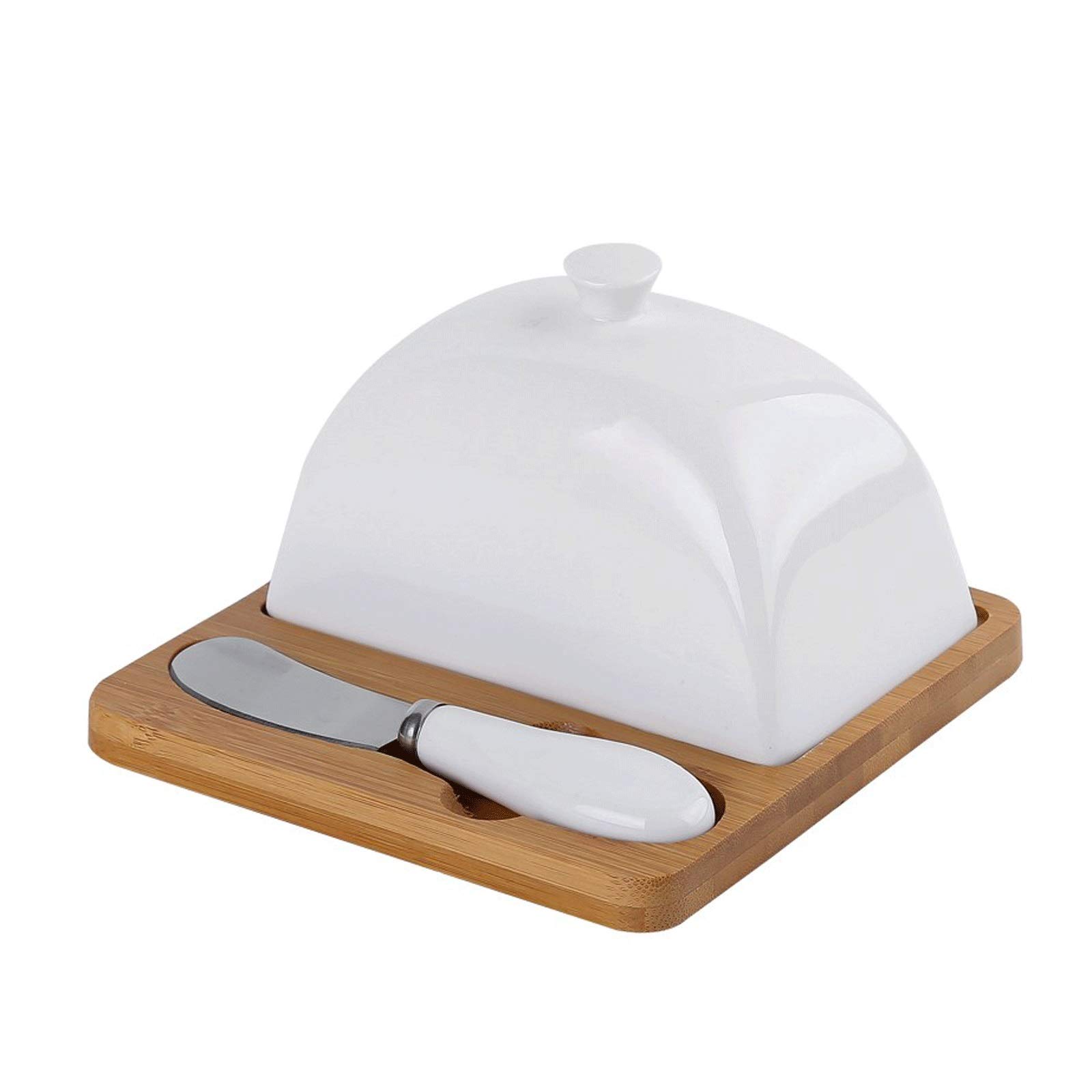 White Ceramic Butter Dish with Bamboo Saucer & Lid - Butter Keeper with Built-in Cutter Knife - Airtight Butter Container for Fresh Storage - Perfect for Kitchen, Dining Table, and Breakfast Serving