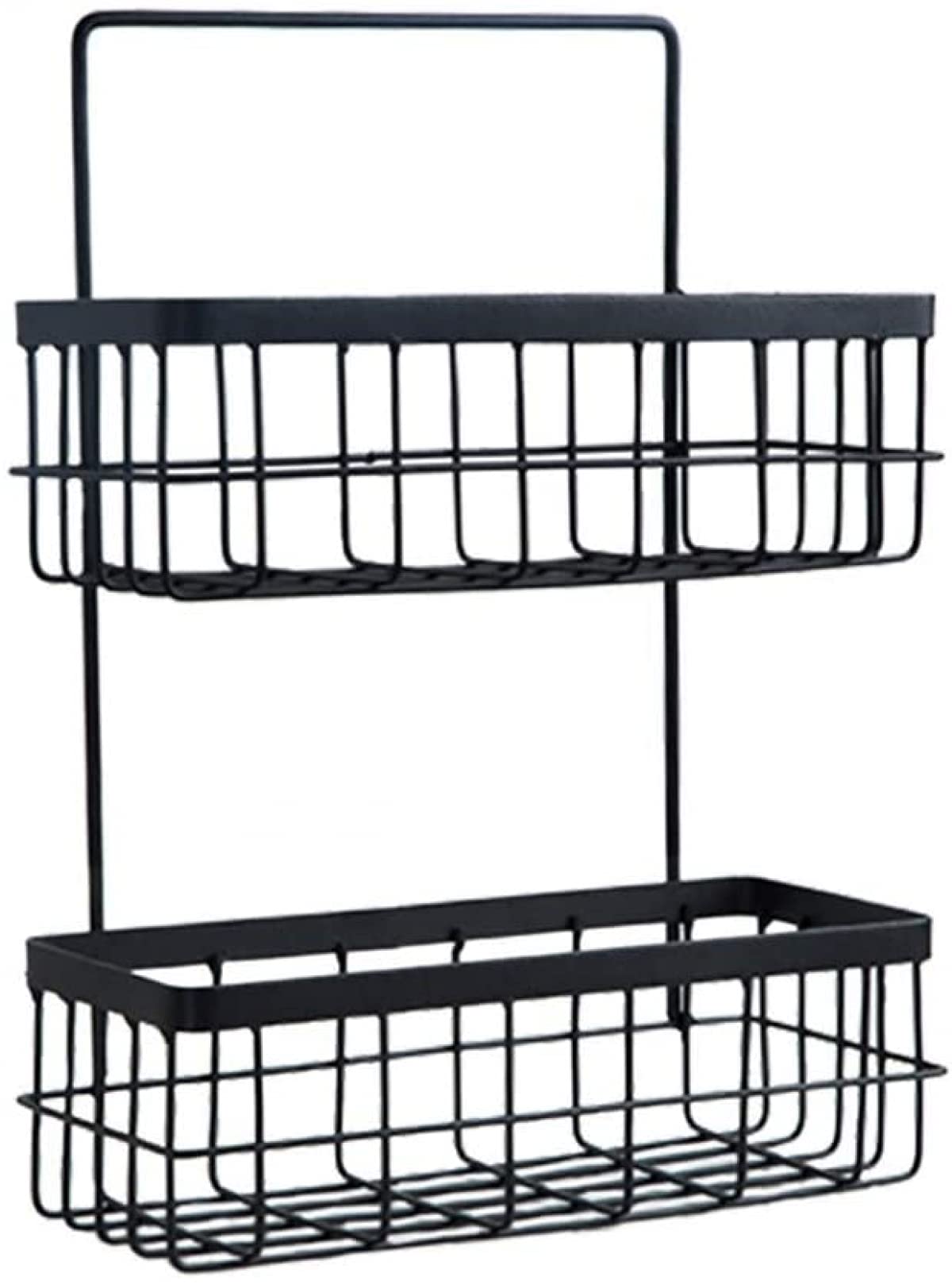 2-Tier Iron Wall Mount Hanging Basket - Black Metal Wire Storage Organizer for Fruits, Vegetables, Kitchen & Bathroom - Perfect for Shower Shelves, Pantry Organization & Small Space Storage