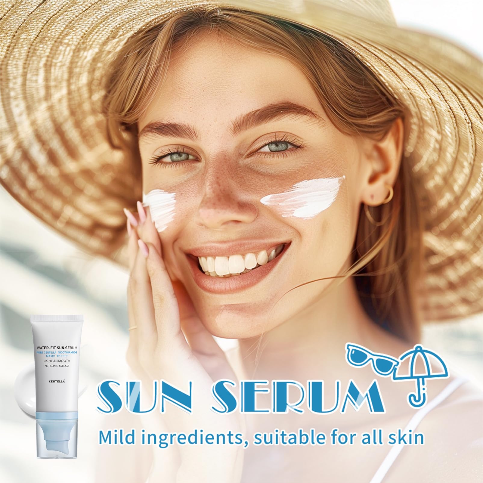 SPF 50 Hyaluronic Acid Cica Sunscreen Serum - Water-Fit Face Sunscreen with Long-Lasting Protection | Madagascar Centella Extract | No White Cast for Dry & Oily Skin | Perfect for Daily Use, Outdoor Activities & Beach Days (Blue 1)