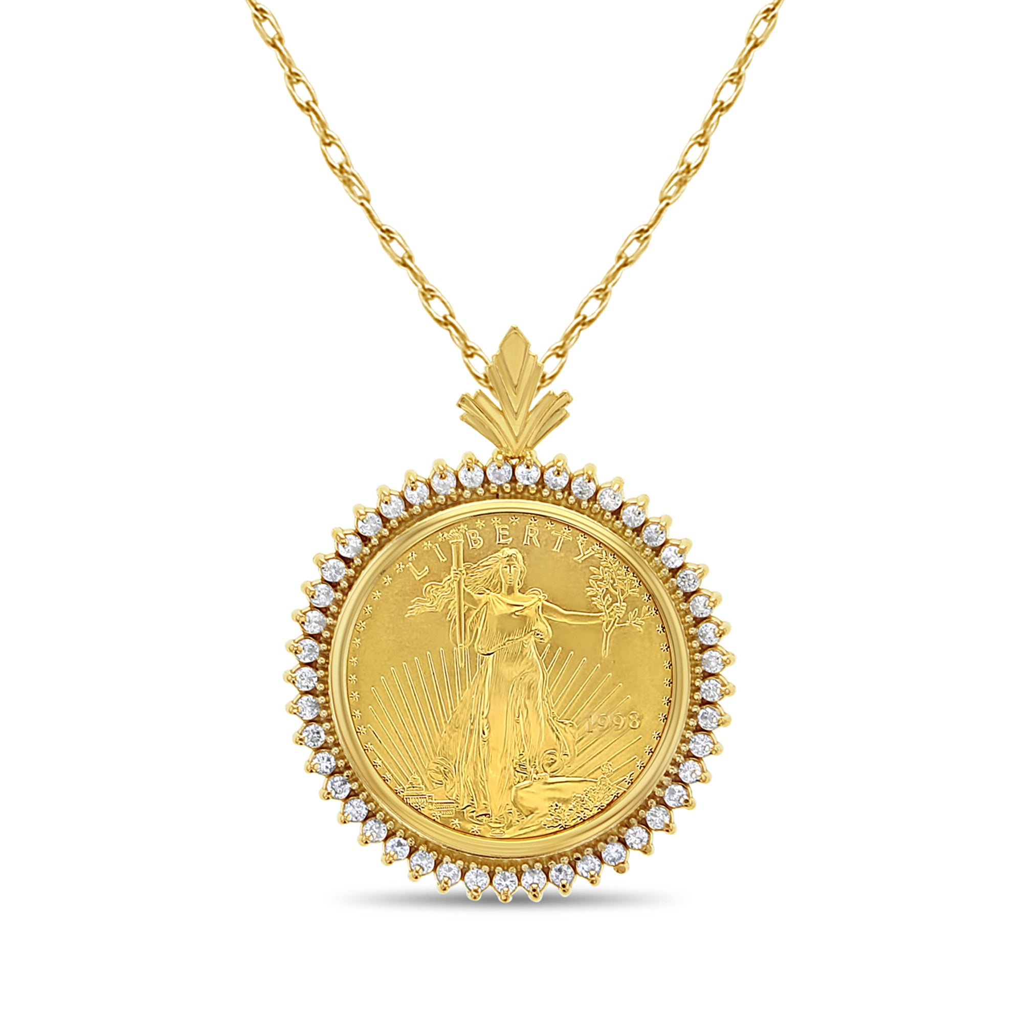 22K Gold Lady Liberty Necklace with Diamond Halo - 1/2 oz Fine Gold Pendant - Elegant Jewelry Gift for Women - Perfect for Anniversaries, Birthdays & Special Occasions