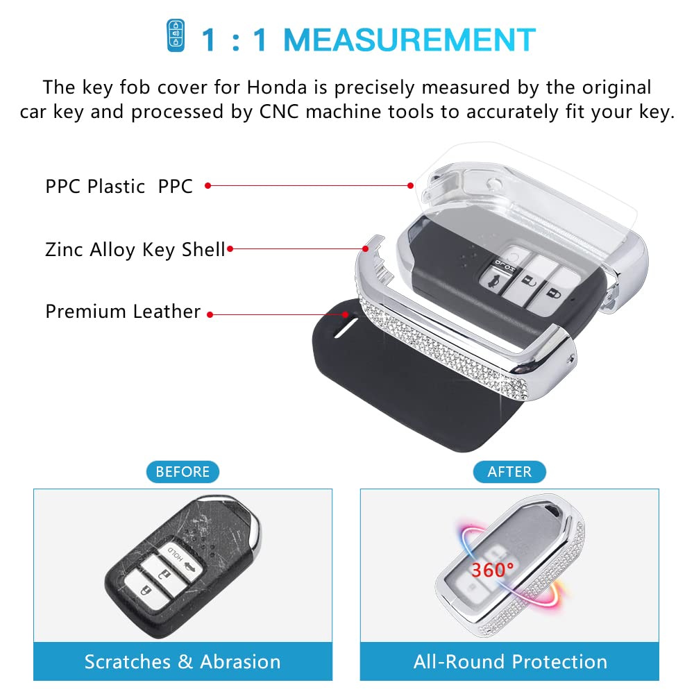 Honda Key Fob Cover for Accord, Civic, CRV, Pilot, Odyssey - Bling Crystal Zinc Alloy Car Remote Case (Silver) | Perfect Keychain Accessory for Protection & Style