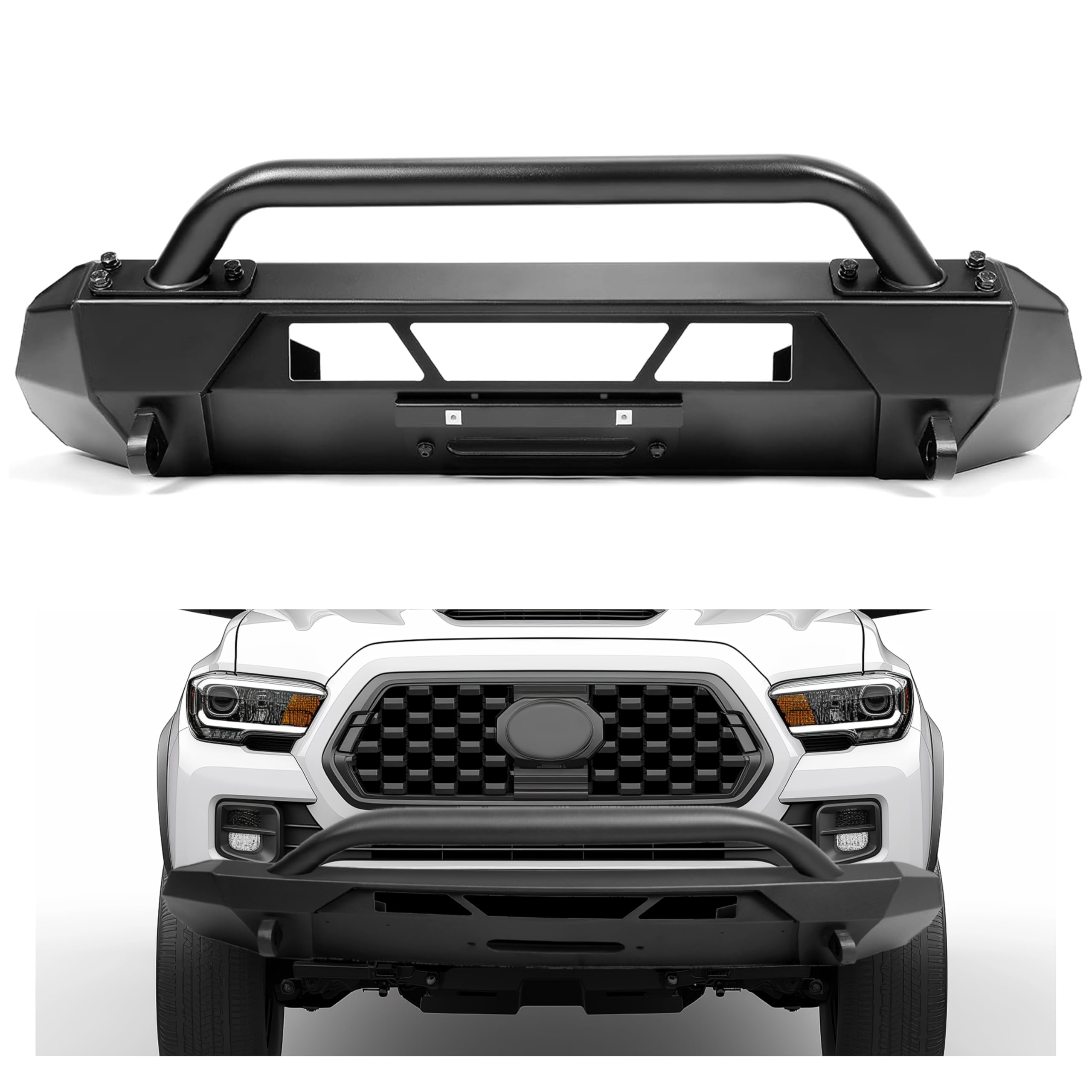 Kojem Steel Winch Bumper with Push Bar & Grill Guard - Compatible with 2016-2023 Toyota Tacoma | Heavy Duty Black Front Bumper Protector | Perfect for Off-Roading, Hunting & Truck Protection