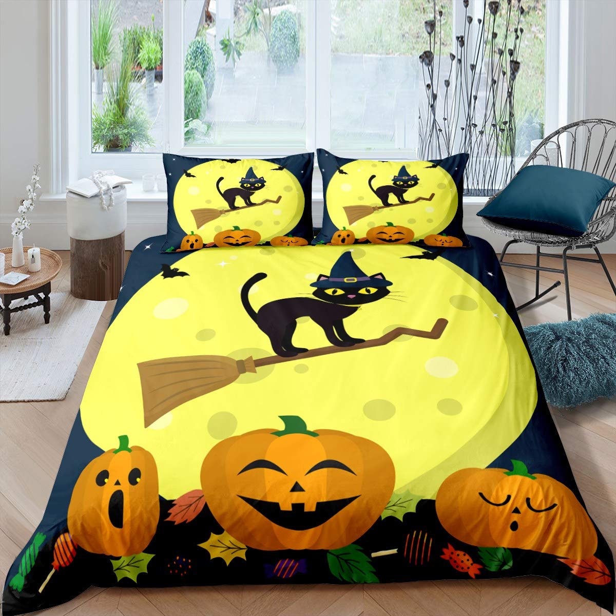 **Vintage Halloween Duvet Cover Set - Twin Size, Yellow & Orange Cat Magic Broom Pumpkin Lantern Design with Cartoon Skulls & Bones - Spooky Bedding for Halloween Decor, Kids' Room, and Themed Parties**