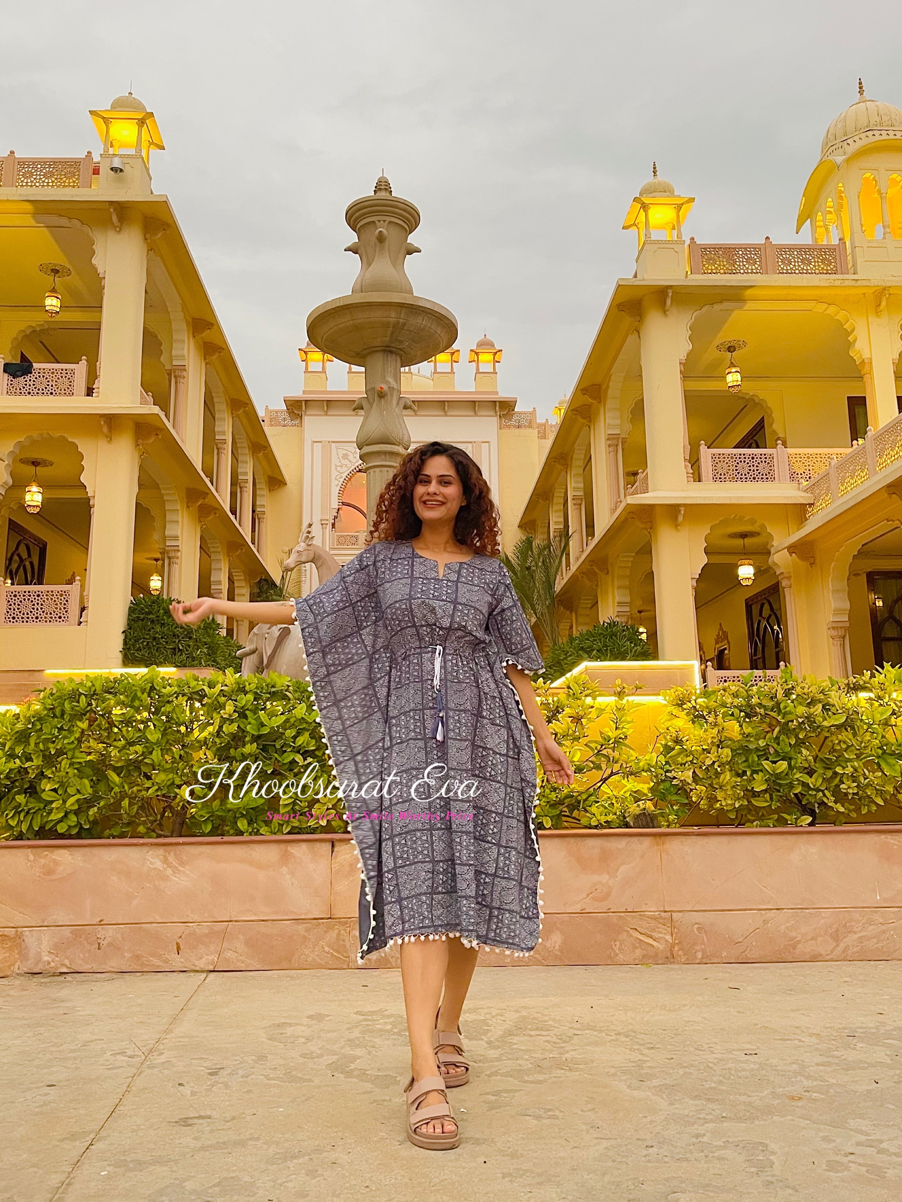 Coastal Cool Blue Cotton Kaftan Dress - Lightweight Beach Cover Up for Women - Perfect for Vacation, Poolside, and Summer Outfits