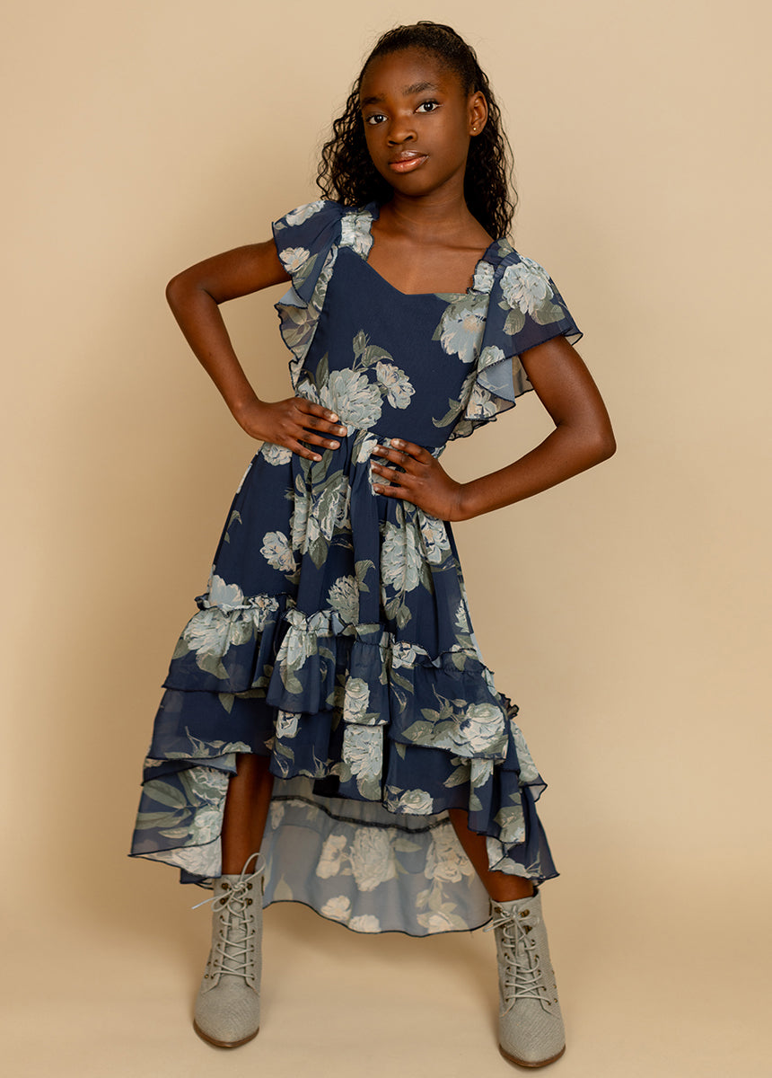 Dimia Women's Floral Print Dress - Navy Blue, Size Large | Elegant Casual Wear for Summer, Parties & Office Outfits
